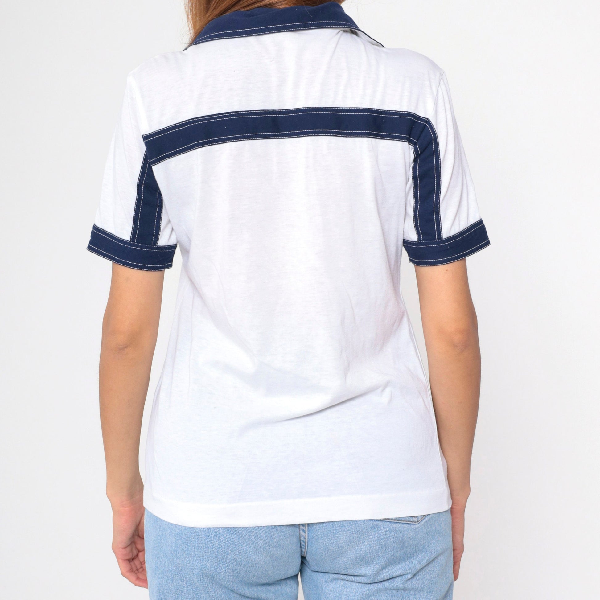 70s Striped Polo Shirt White Navy Blue Dagger Collar Short Sleeve Small