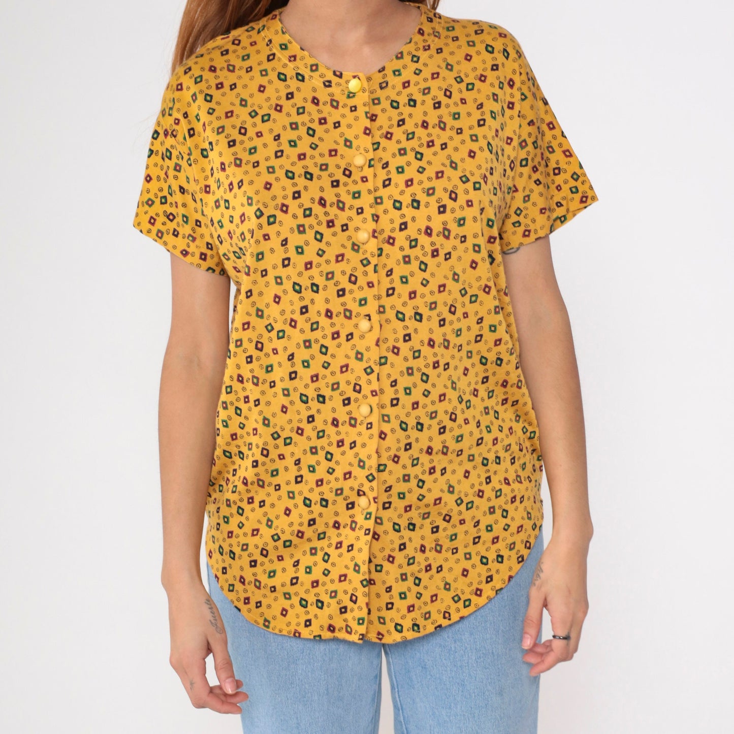 90s Yellow Geometric Diamond Print Button-Up Blouse Short Sleeve Medium