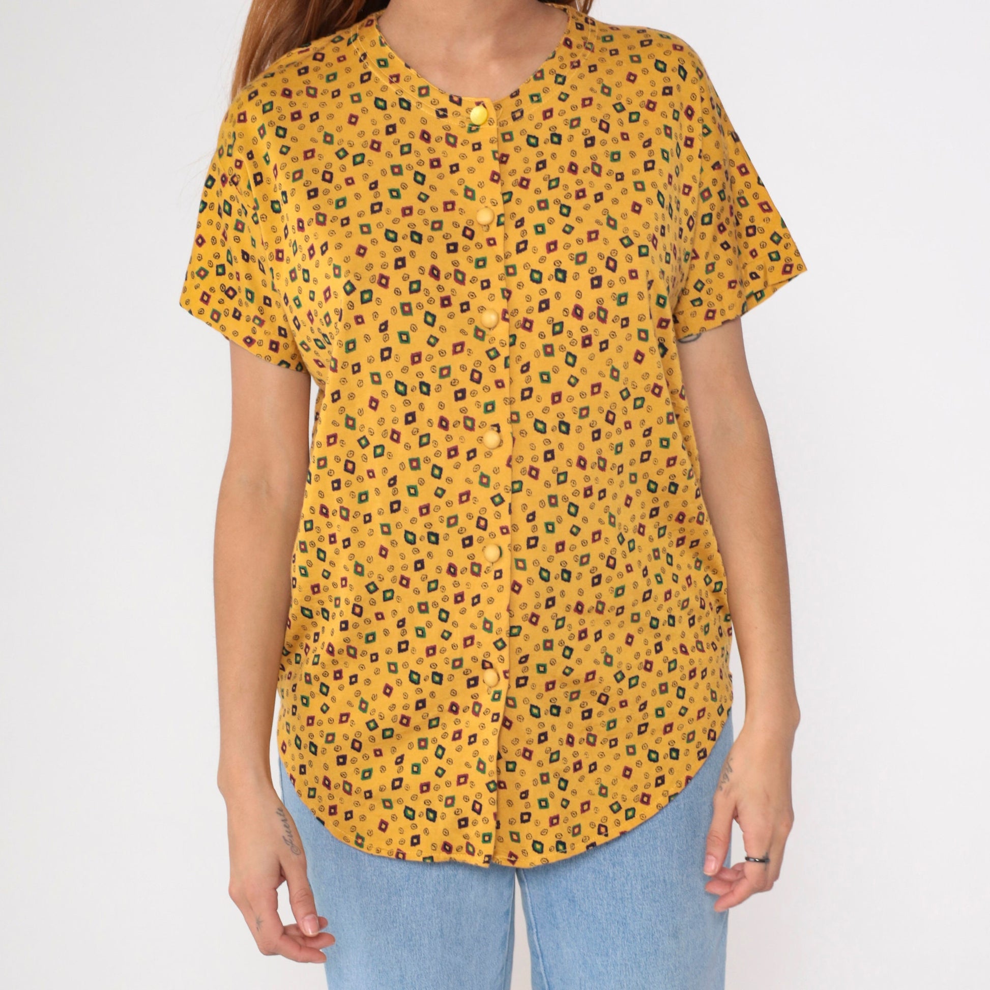 90s Yellow Geometric Diamond Print Button-Up Blouse Short Sleeve Medium