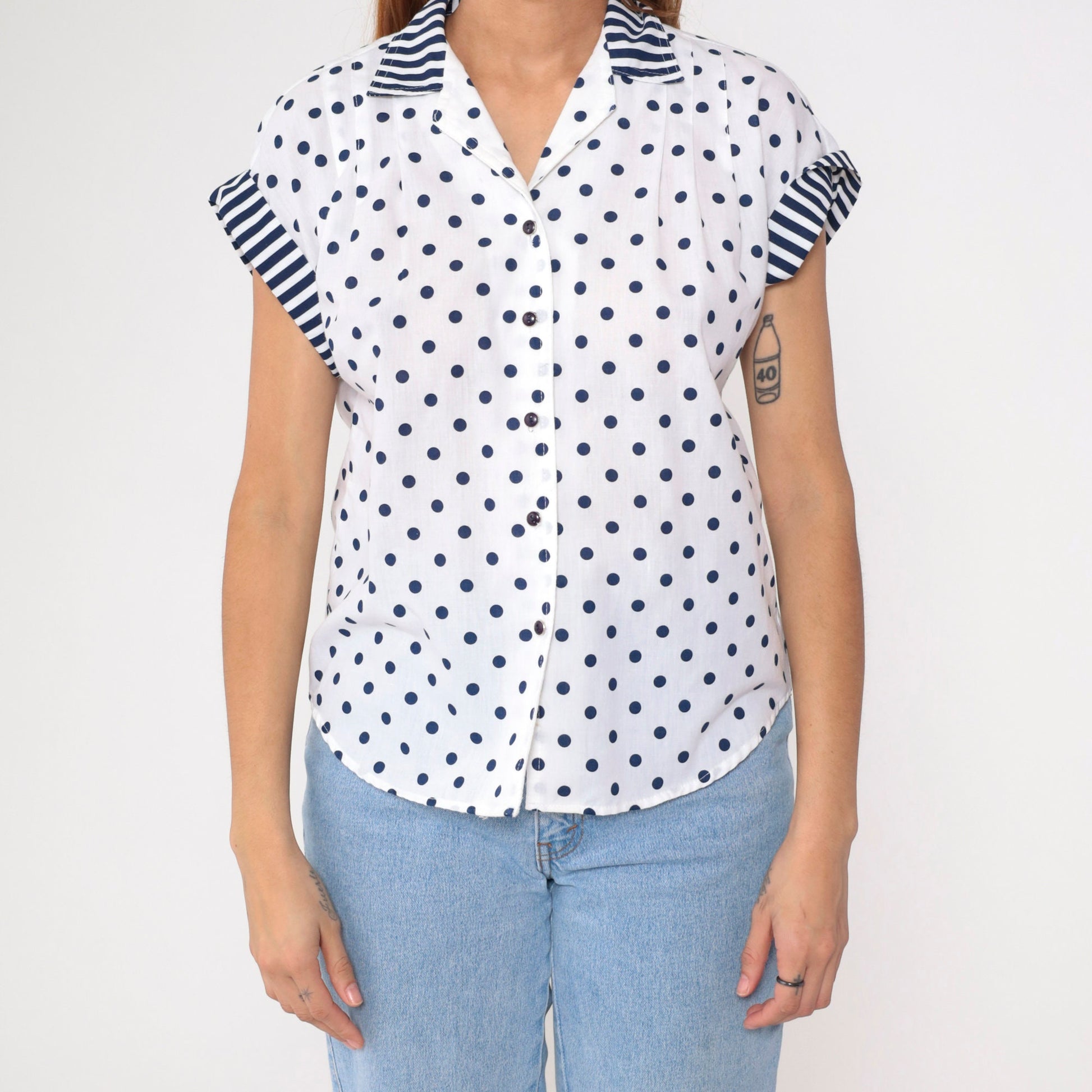 80s White Navy Polka Dot Button-Up Blouse Striped Collar Cap Sleeve Medium