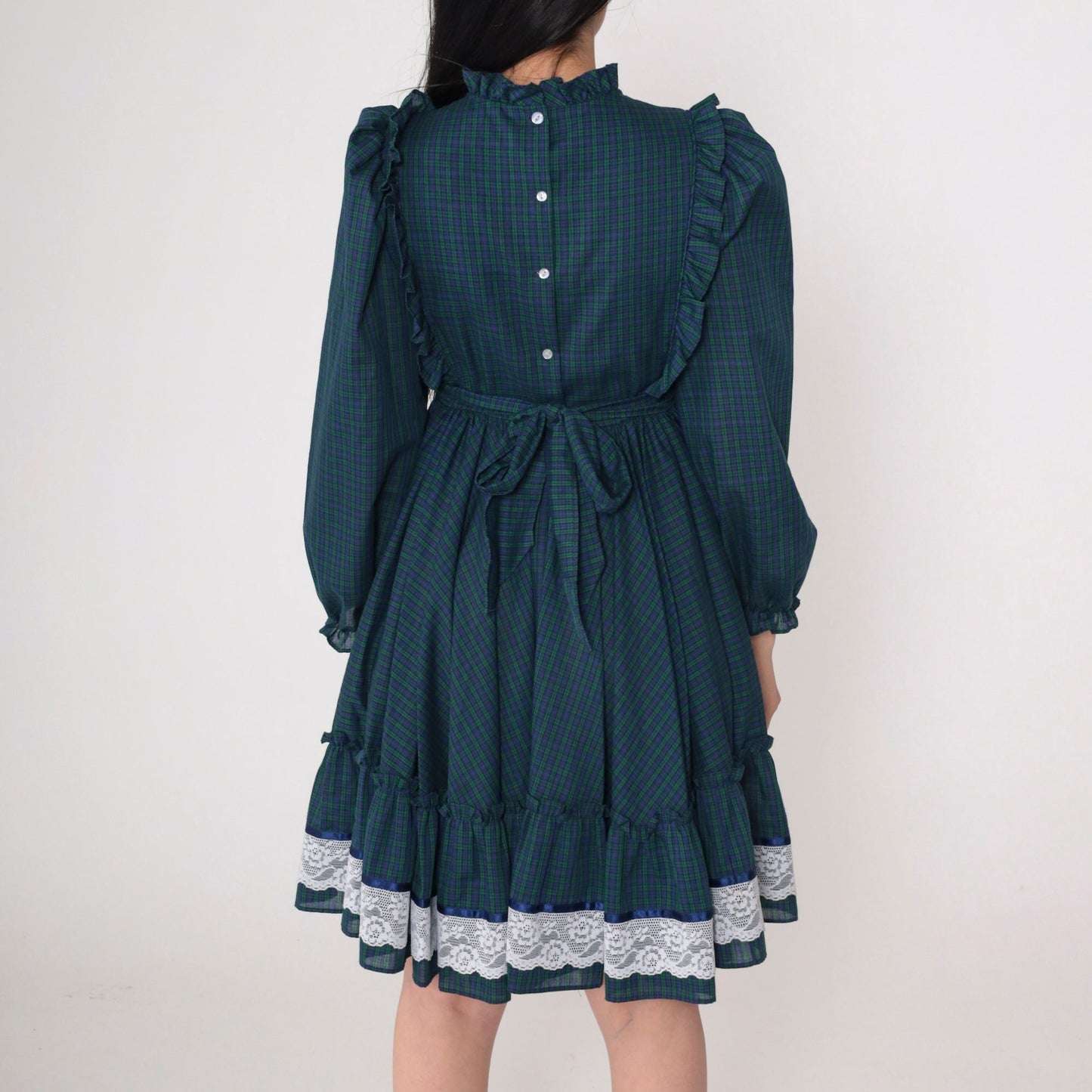 60s Plaid Mini Dress Puff Sleeve High Waisted Lace Trim Extra Small