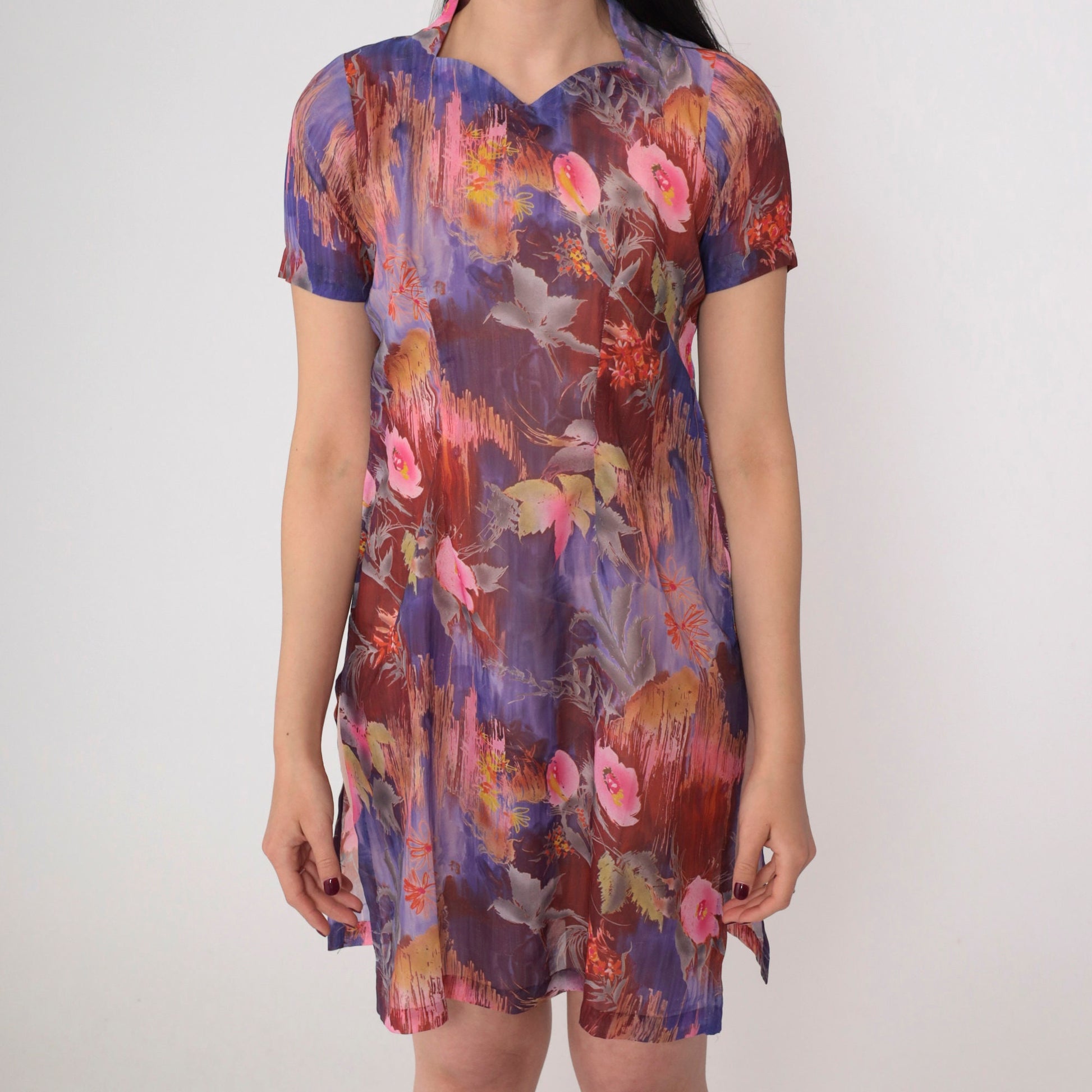 60s Floral Mini Dress Mod Psychedelic Print Purple Pink Cotton Short Sleeve XS