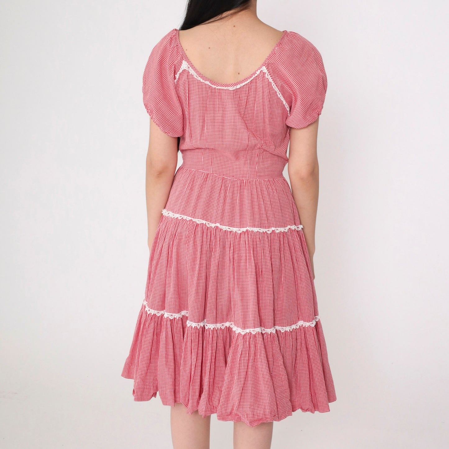 60s Red Gingham Prairie Dress Puff Sleeve Tiered Skirt High Waisted Small