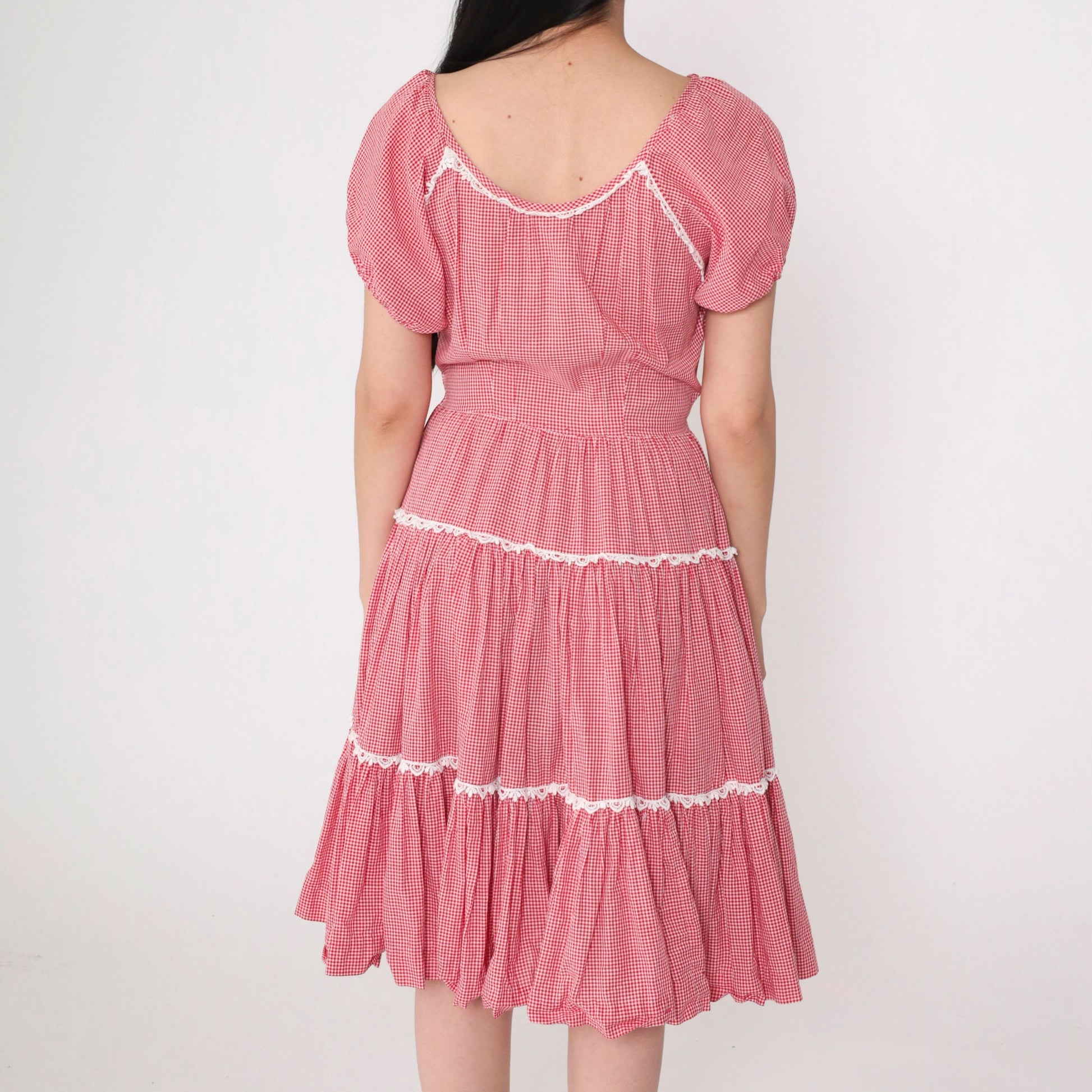 60s Red Gingham Prairie Dress Puff Sleeve Tiered Skirt High Waisted Small