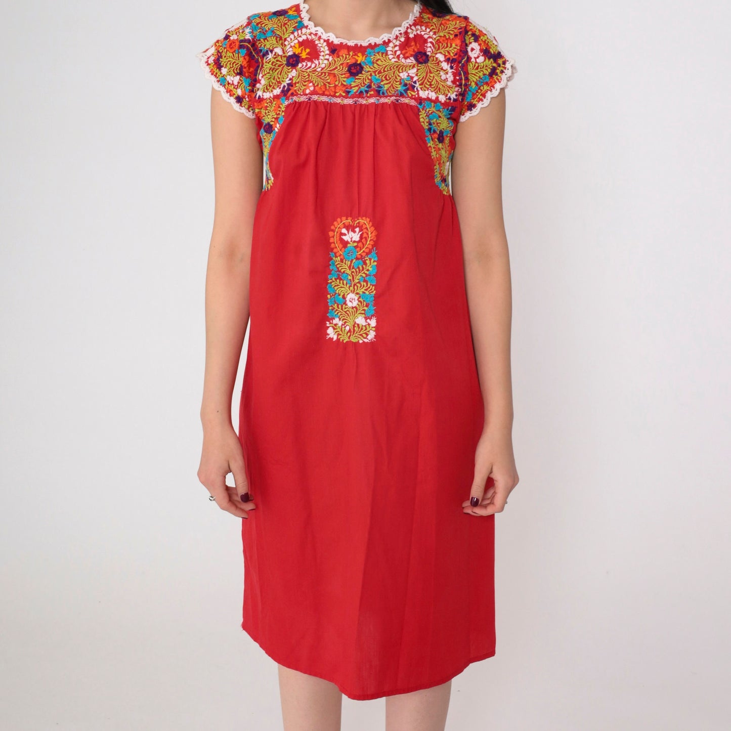 70s Oaxacan Embroidered Mini Dress Red Floral Cotton Cap Sleeve Small