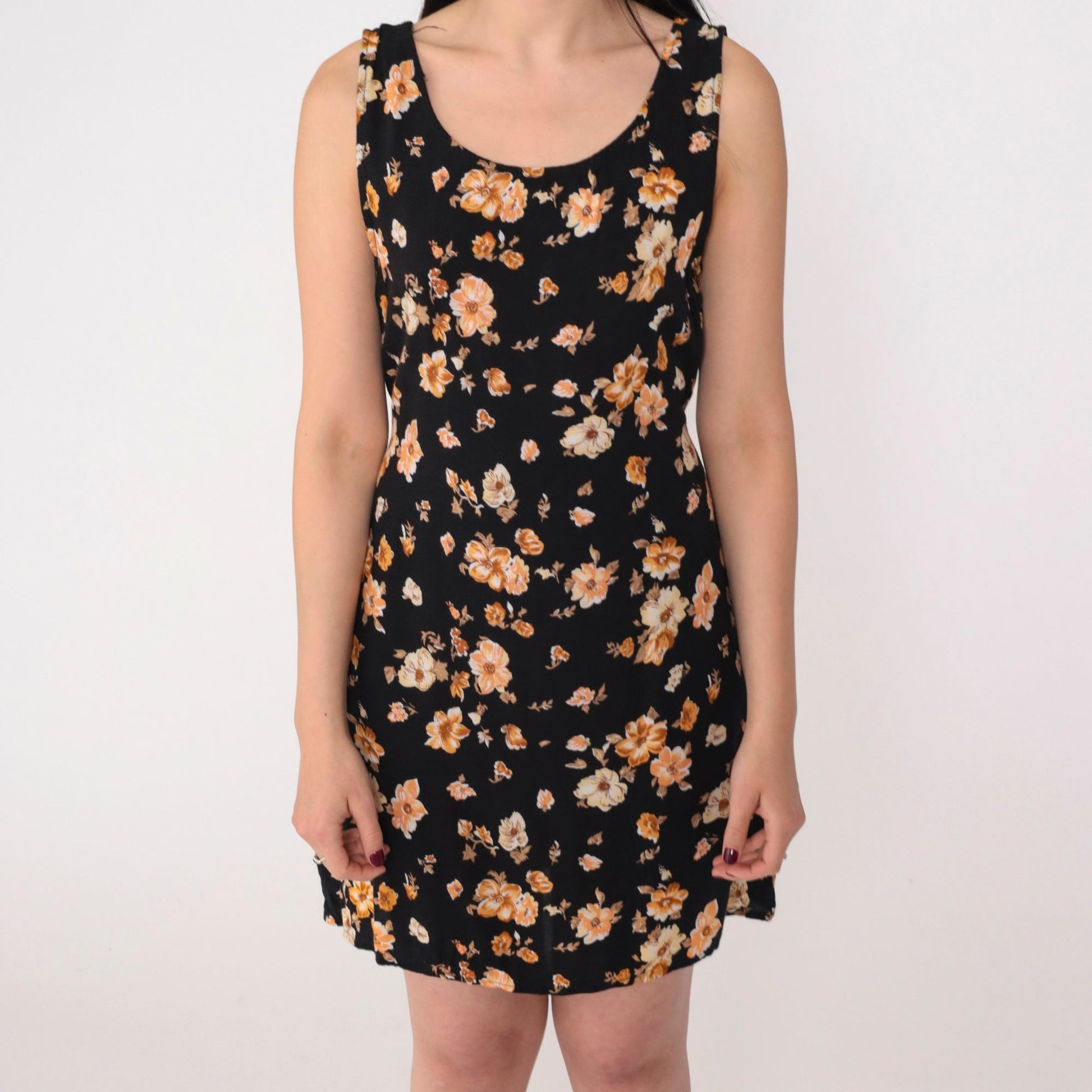 90s Black Floral Mini Dress Sleeveless Tie-Back Sundress Small S