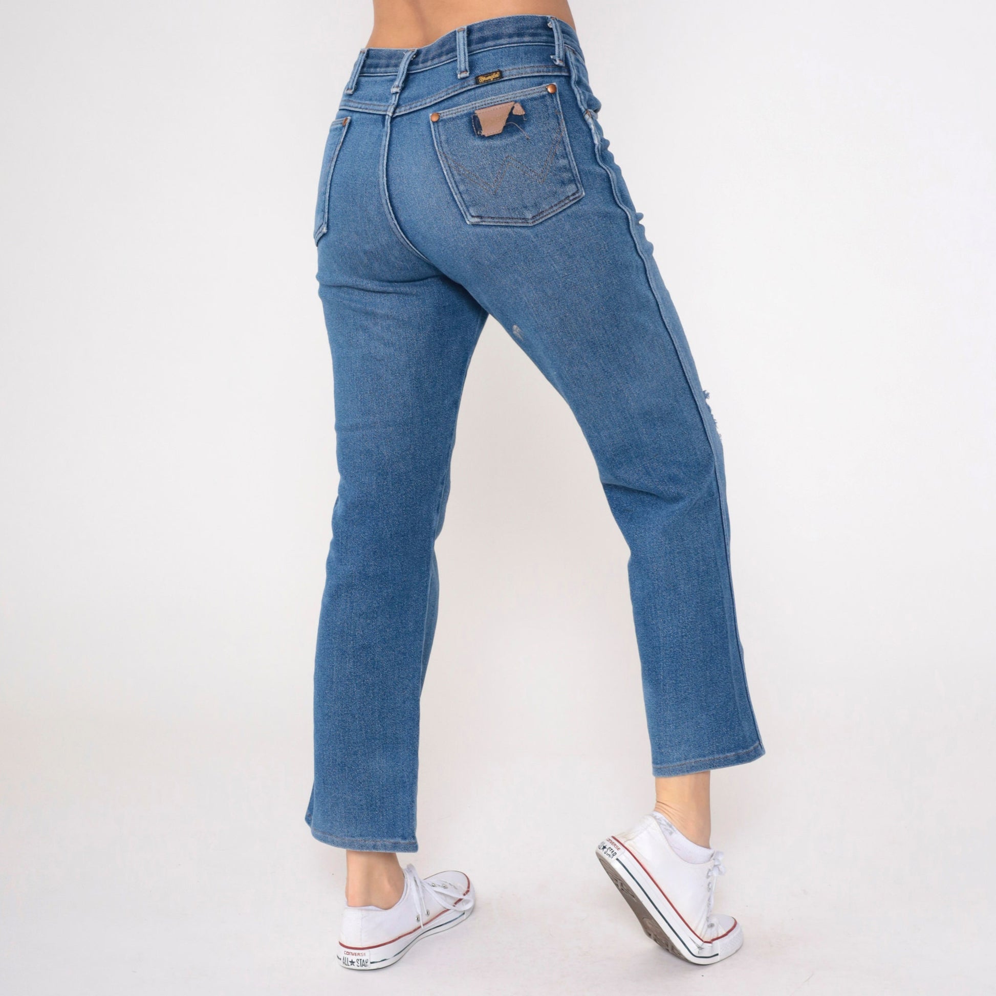 80s Wrangler High Waist Bootcut Jeans Distressed Blue Denim Men's 34