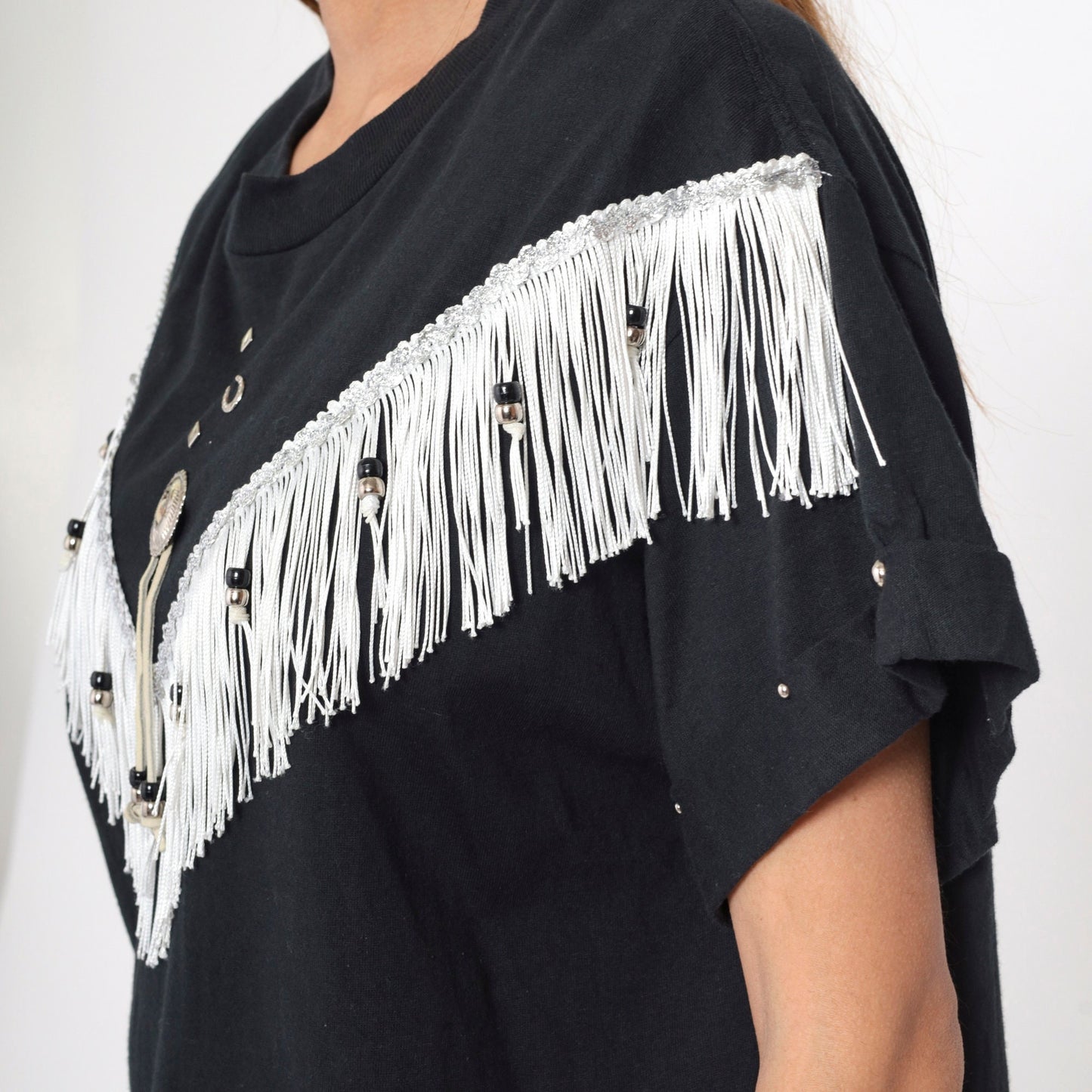 90s Southwest Fringe T-Shirt Black Studded Horseshoe Concho Cotton Medium