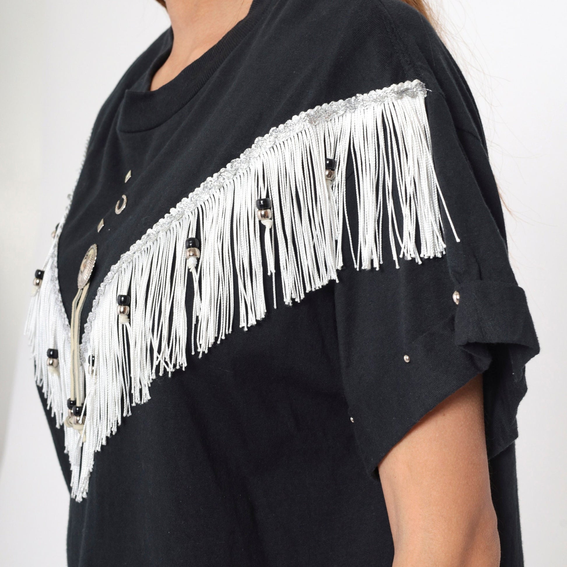 90s Southwest Fringe T-Shirt Black Studded Horseshoe Concho Cotton Medium