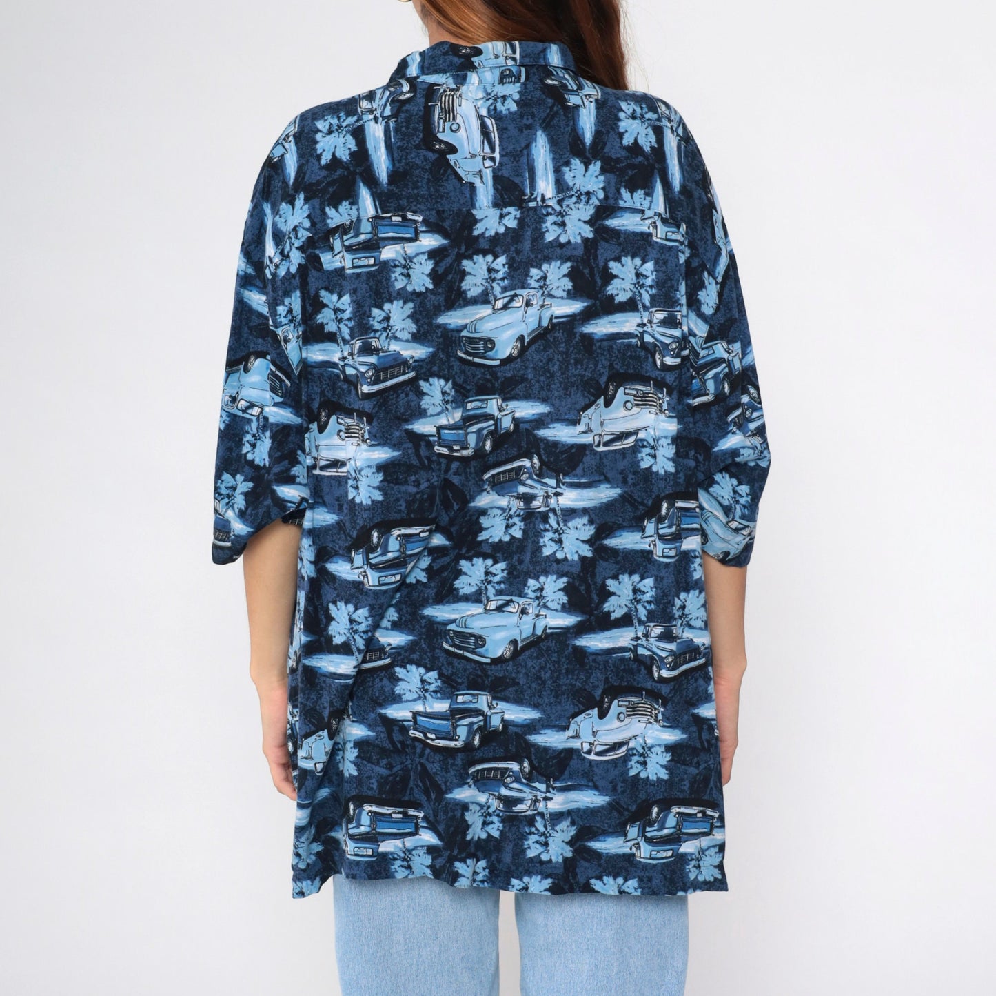 90s Puritan Truck Print Button-Up Shirt Blue Rayon XXL