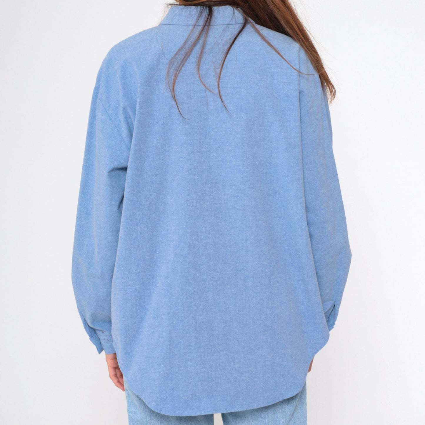 90s Blue Chambray Blouse Rhinestone Studs Long Sleeve Collared Shirt Large