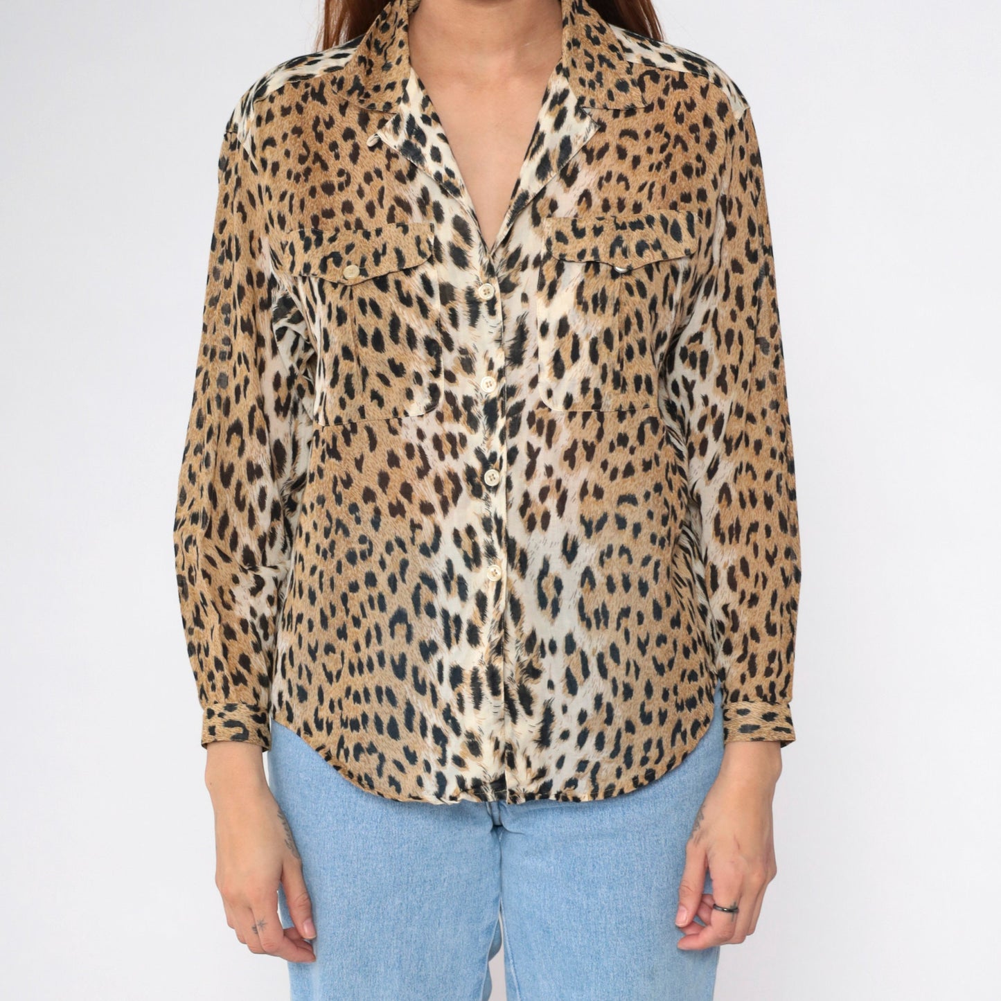90s Liz Sport Leopard Print Button Up Blouse Long Sleeve Cotton Small Petite