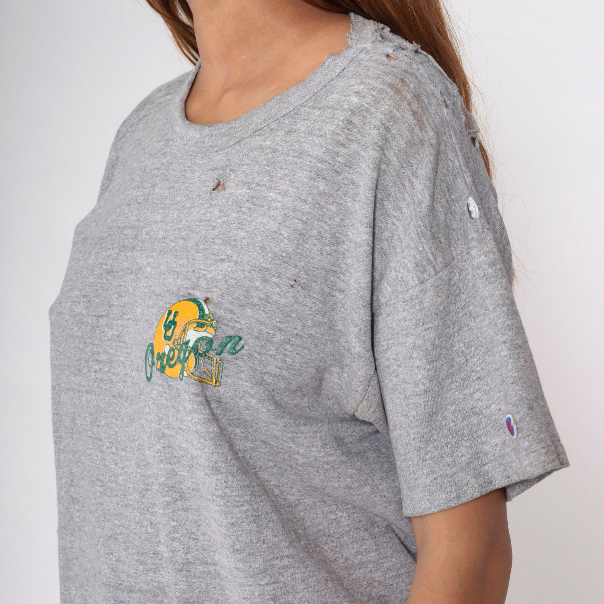 80s University of Oregon Champion Football Graphic Tee Grey Distressed Medium