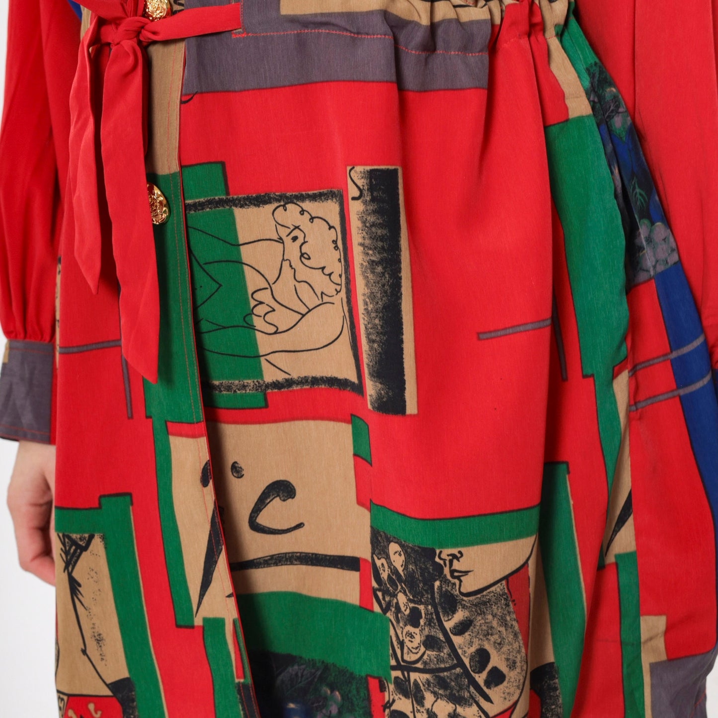 90s Picasso Barcelona Art Hooded Jacket Red Button-Up Drawstring Waist Large L
