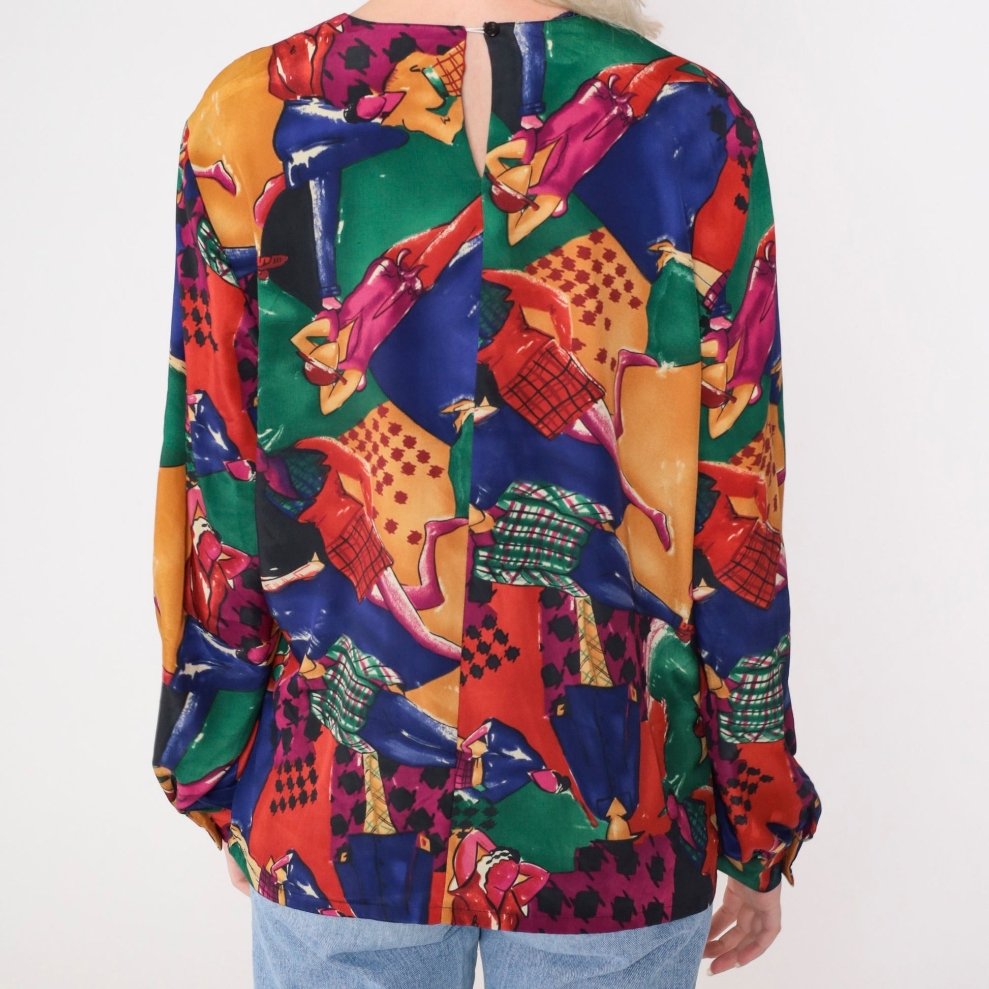 90s Checkered Runway Model Print Blouse Multicolor Long Sleeve Large