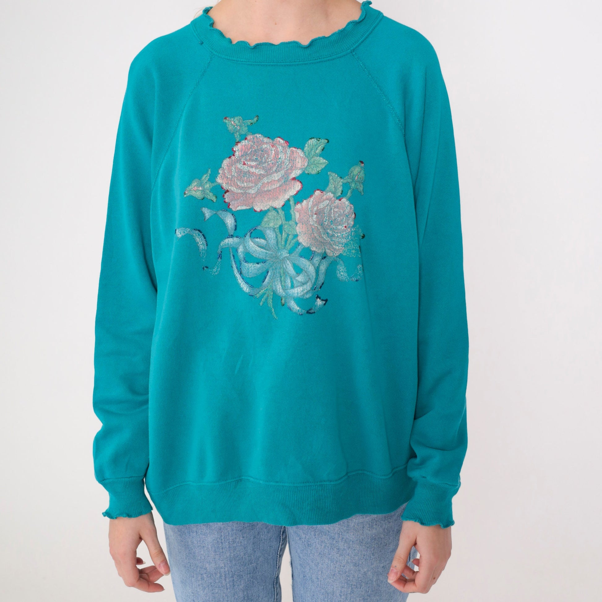 90s Hanes Her Way Turquoise Floral Glitter Sweatshirt Lettuce Edge Medium