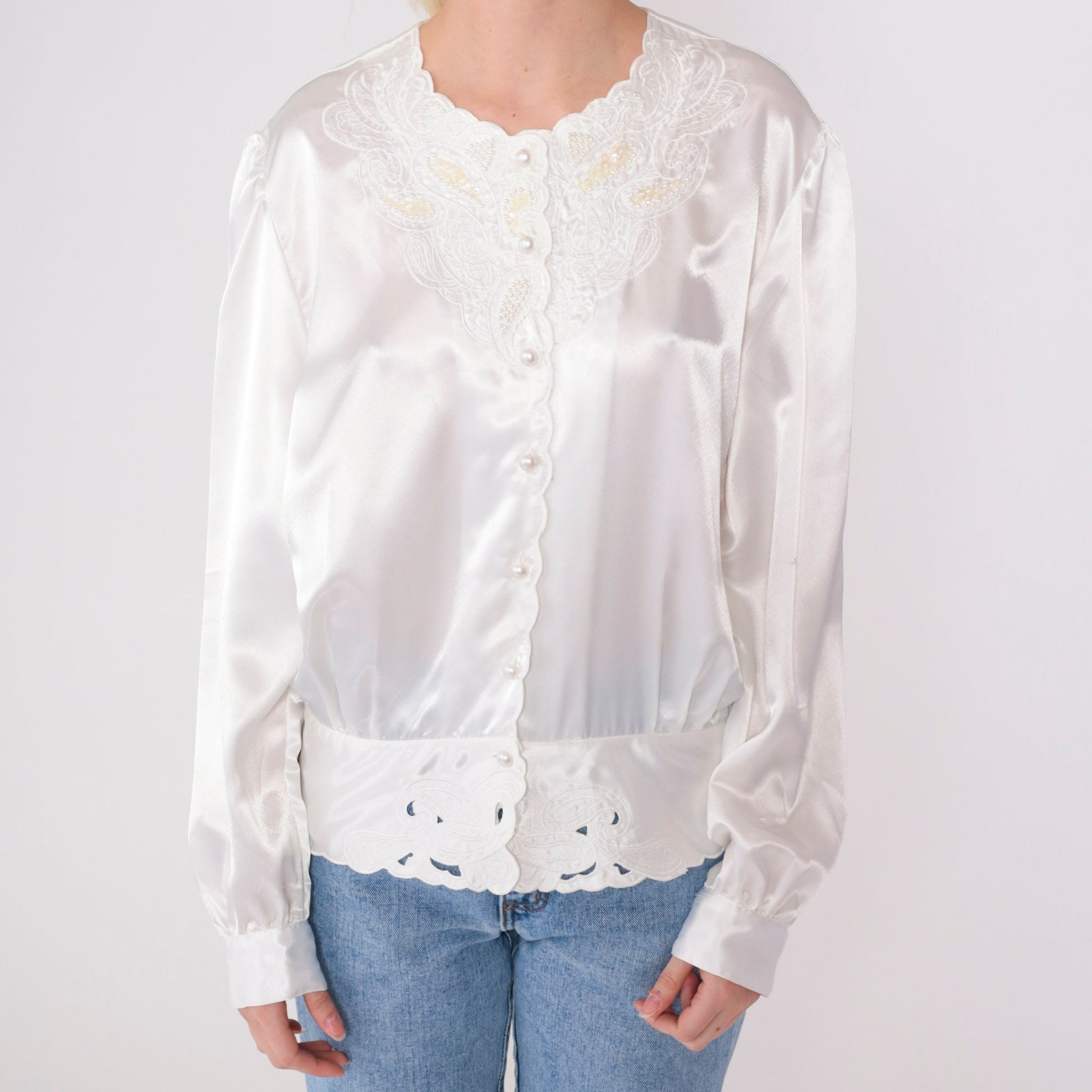 80s Westbound White Satin Blouse Paisley Beaded Sequin Puff Sleeve Large 14