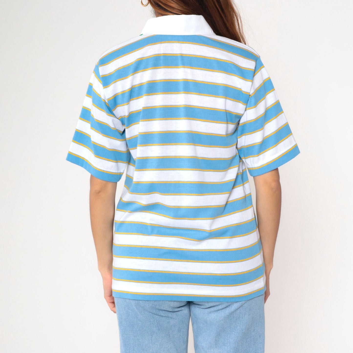 80s UCLA Bruins Striped Polo Shirt White Blue Gold Embroidered Medium