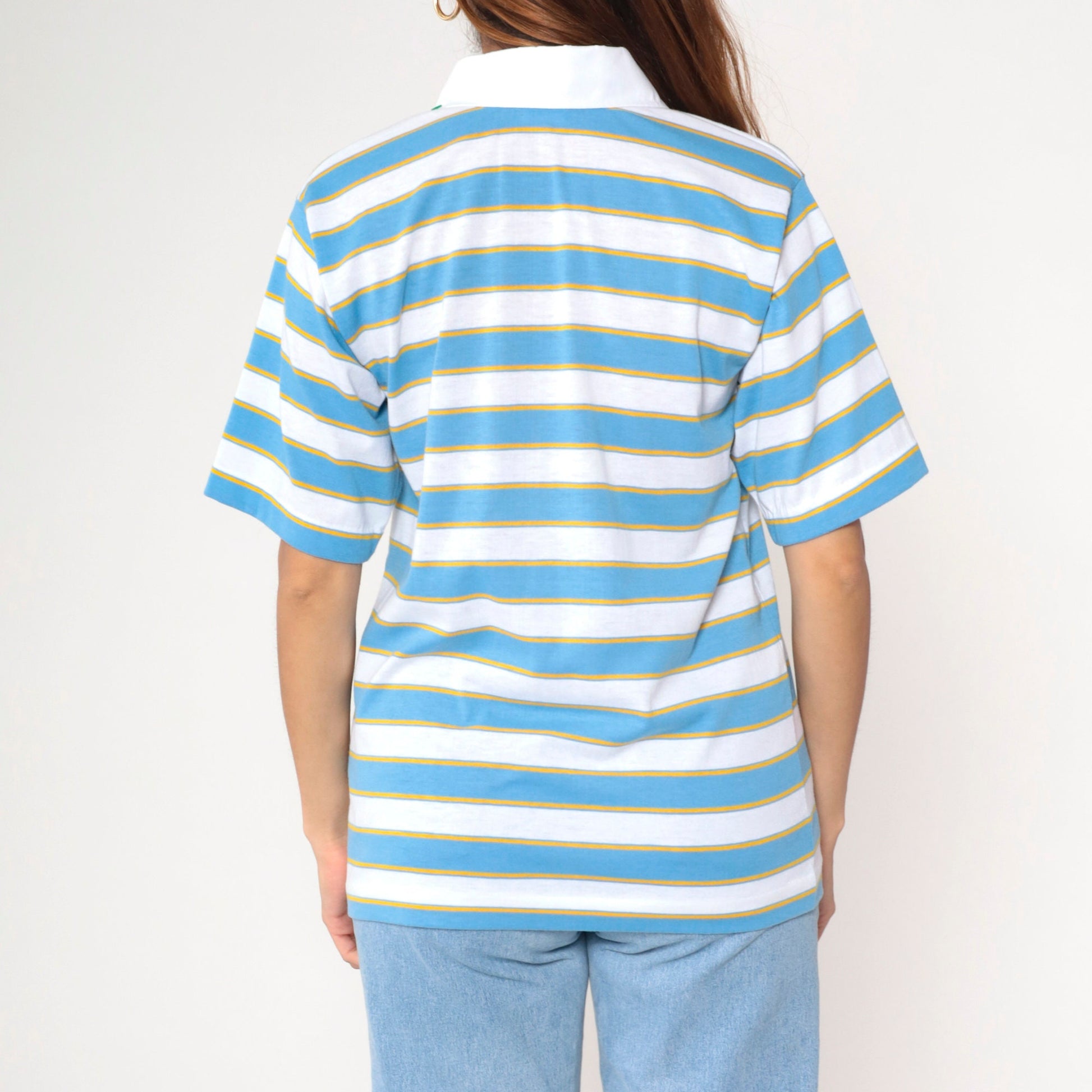 80s UCLA Bruins Striped Polo Shirt White Blue Gold Embroidered Medium