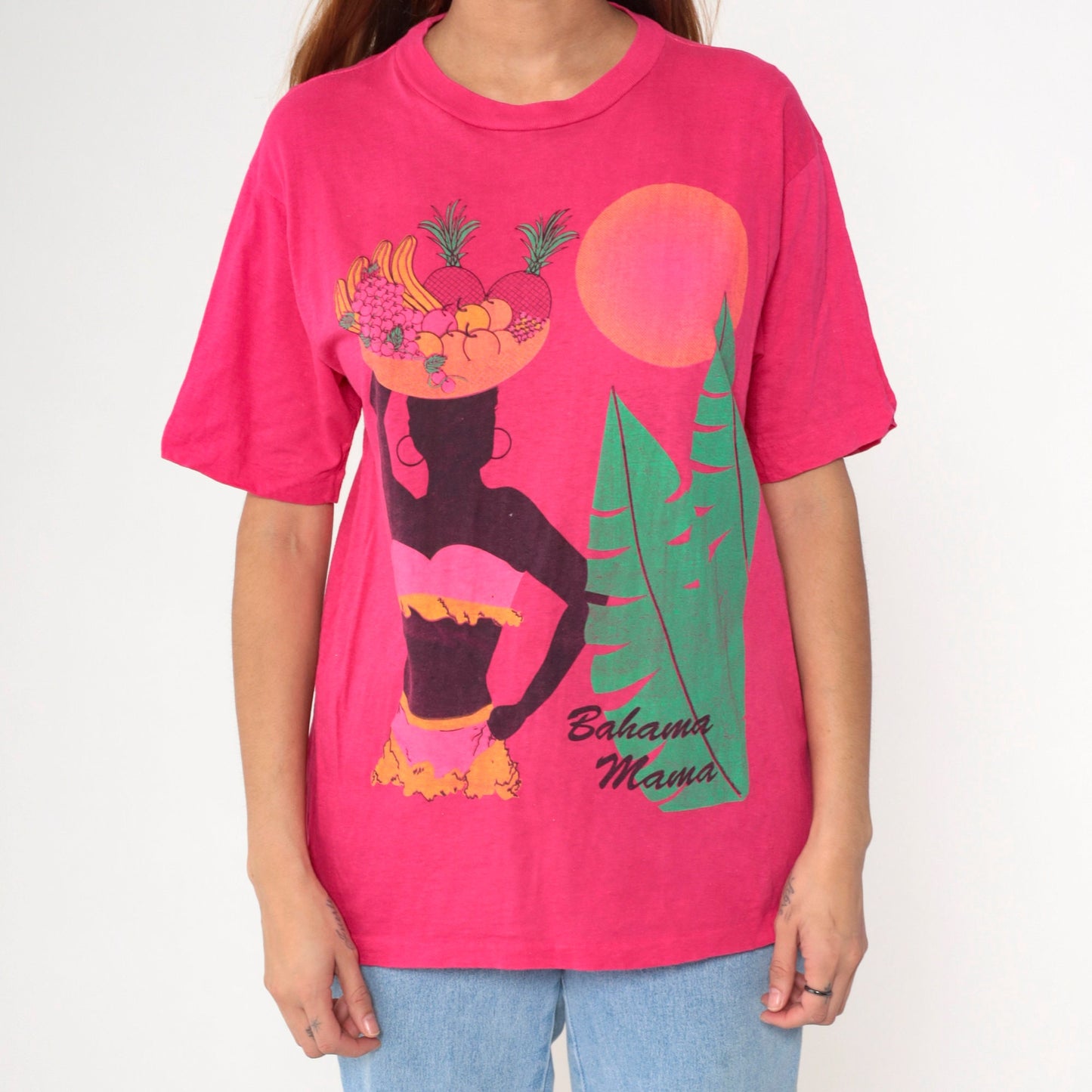 80s Bahama Mama Tropical Graphic T-Shirt Hot Pink Cotton Tee Medium