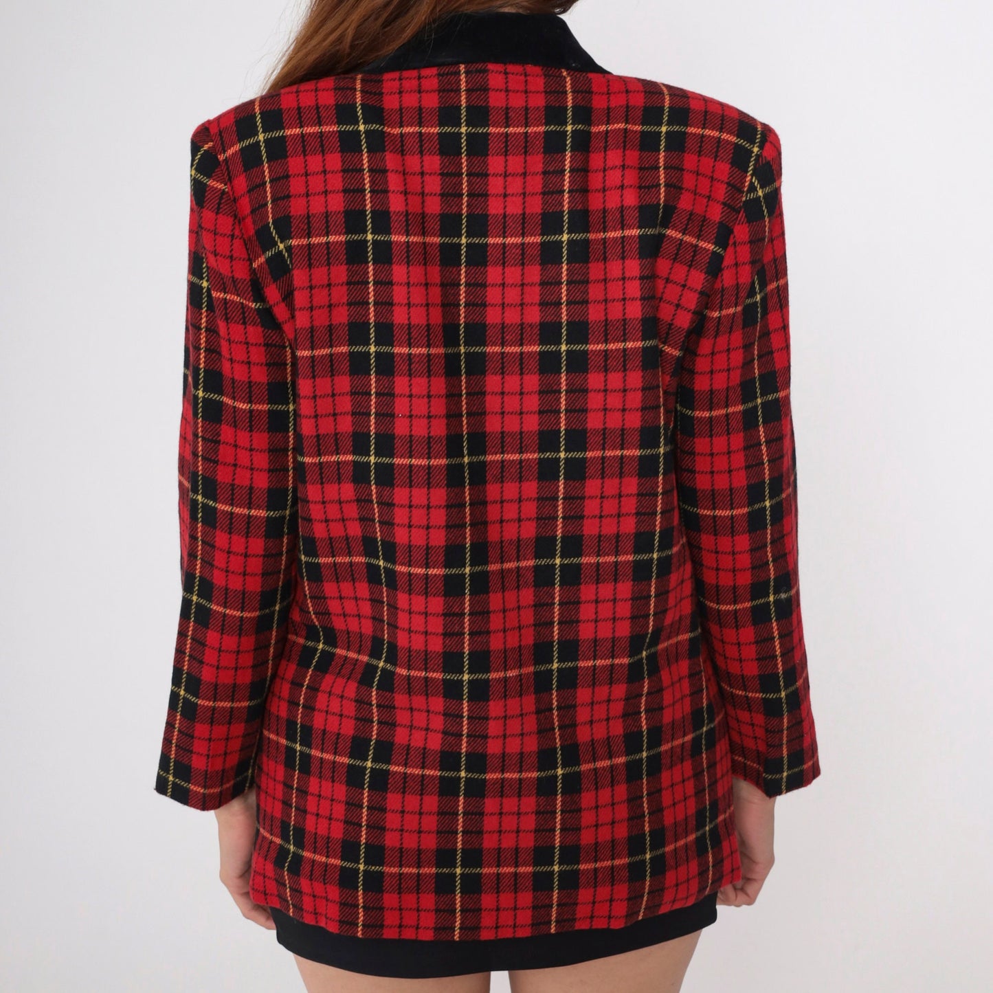90s Red Plaid Wool Blazer Black Velvet Collar Button-Up Jacket Medium Petite