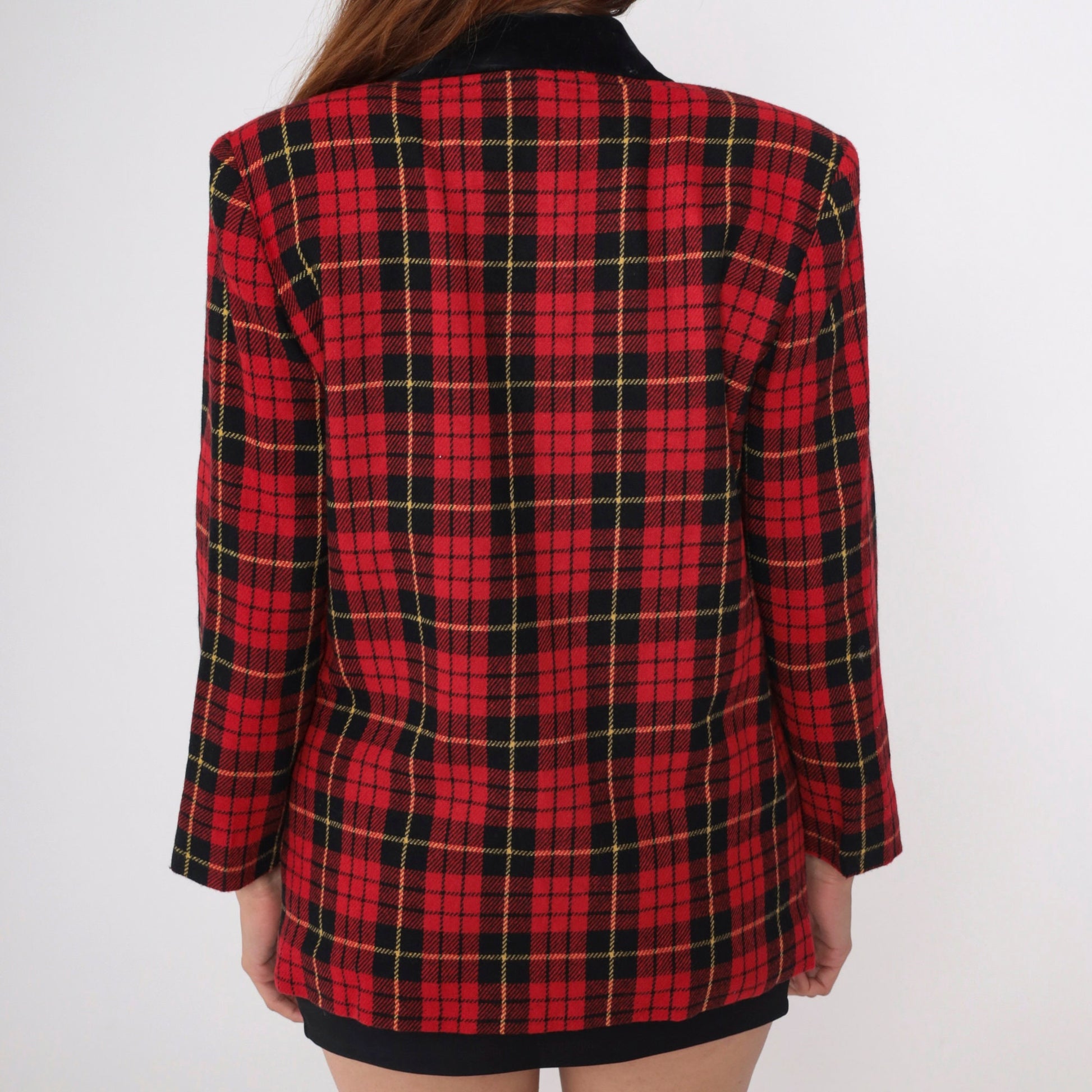 90s Red Plaid Wool Blazer Black Velvet Collar Button-Up Jacket Medium Petite
