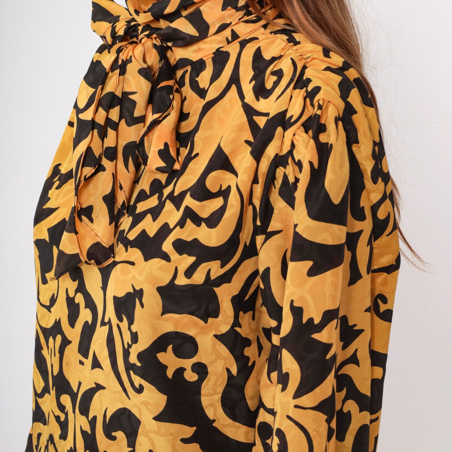 90s Anne Klein Baroque Blouse Puff Sleeve Ascot Neckline Black Gold Large 14