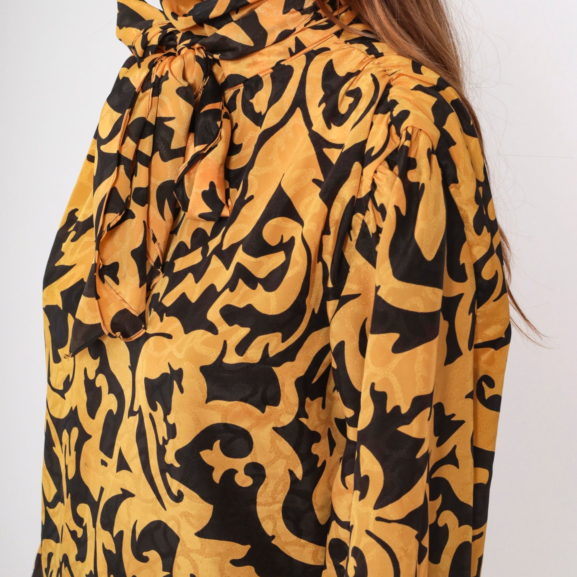 90s Anne Klein Baroque Blouse Puff Sleeve Ascot Neckline Black Gold Large 14