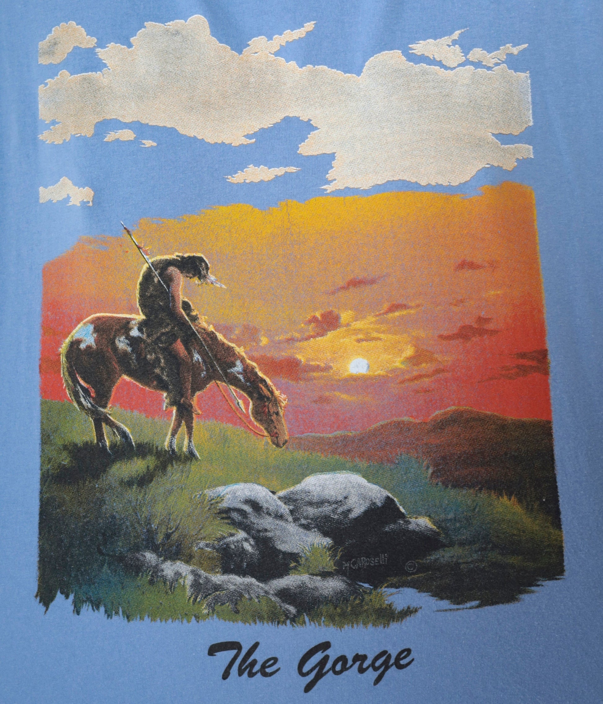 90s End of The Trail Native American Graphic T-Shirt Blue Large L
