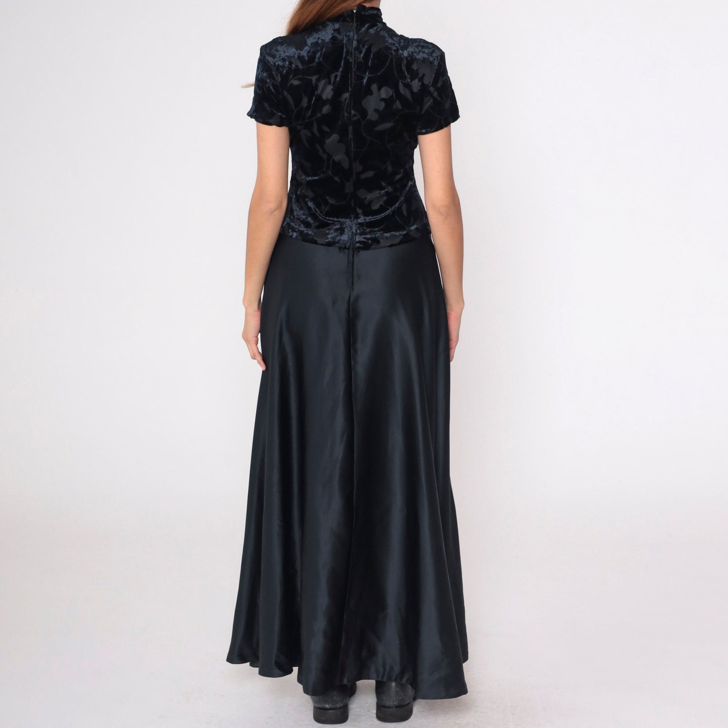90s Black Velvet Burnout Maxi Dress Leaf Print Mock Neck Drop Waist Small 6