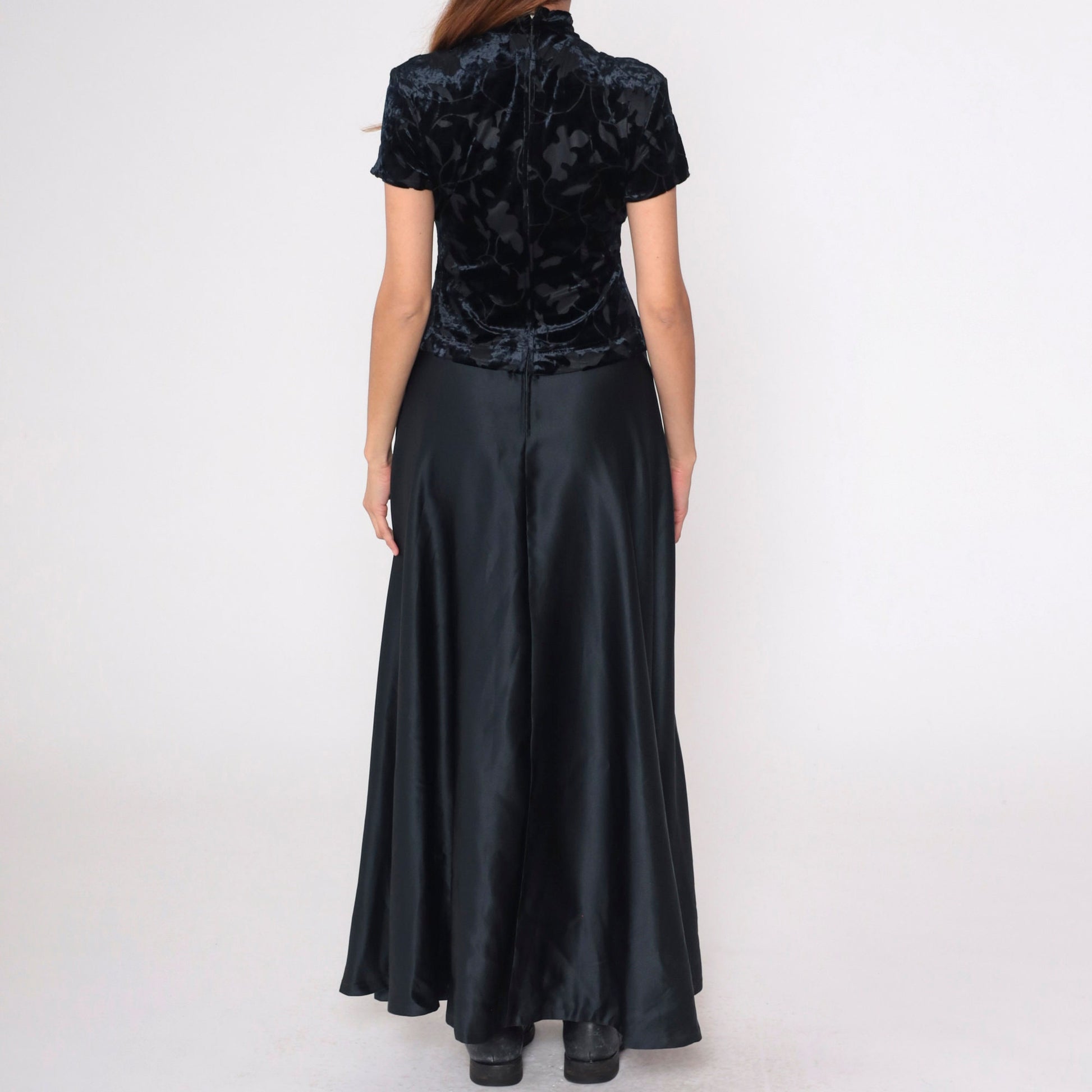 90s Black Velvet Burnout Maxi Dress Leaf Print Mock Neck Drop Waist Small 6