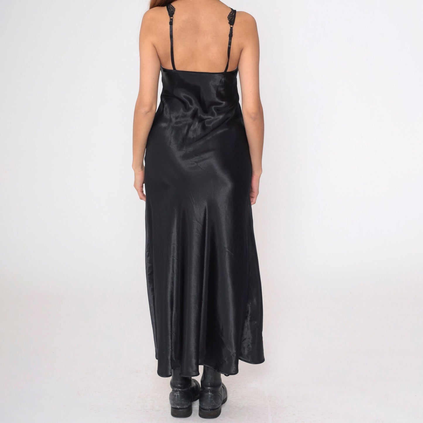 Y2K Victoria's Secret Black Satin Lace Slip Dress Maxi Deep V Sheer Small