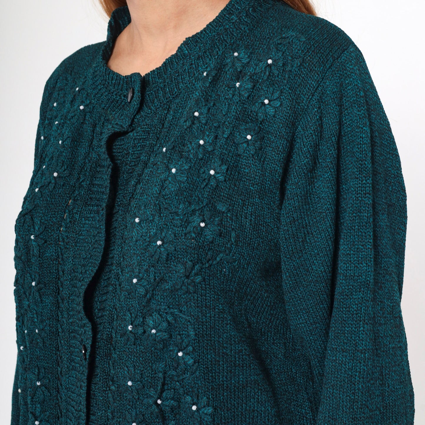 90s Beaded Floral Cardigan Blue Black Pearl Button-Up Knit Large L