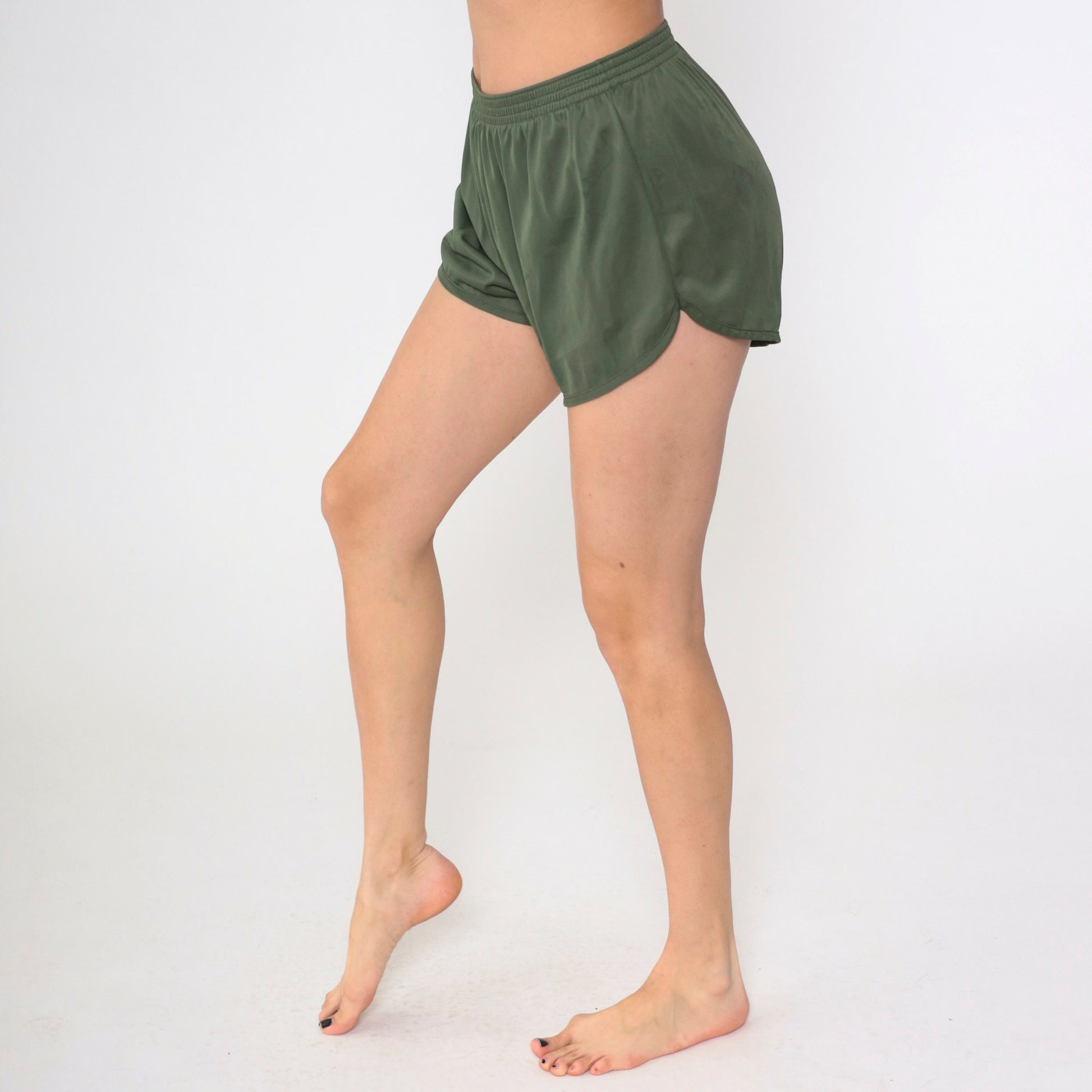 80s Soffe Dolphin Shorts Olive Green High-Waist Nylon Medium