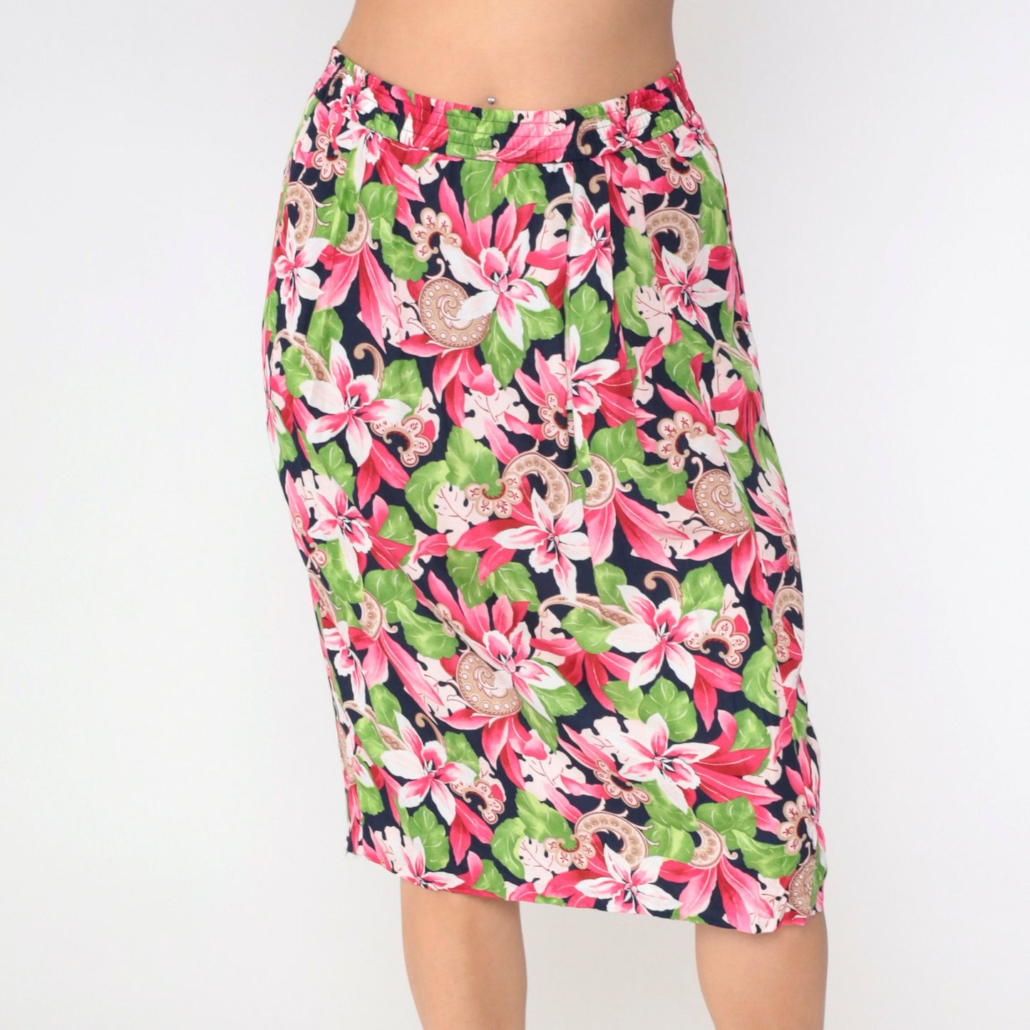 90s Evan Picone Tropical Floral Midi Skirt Navy Pleated High Waist Medium