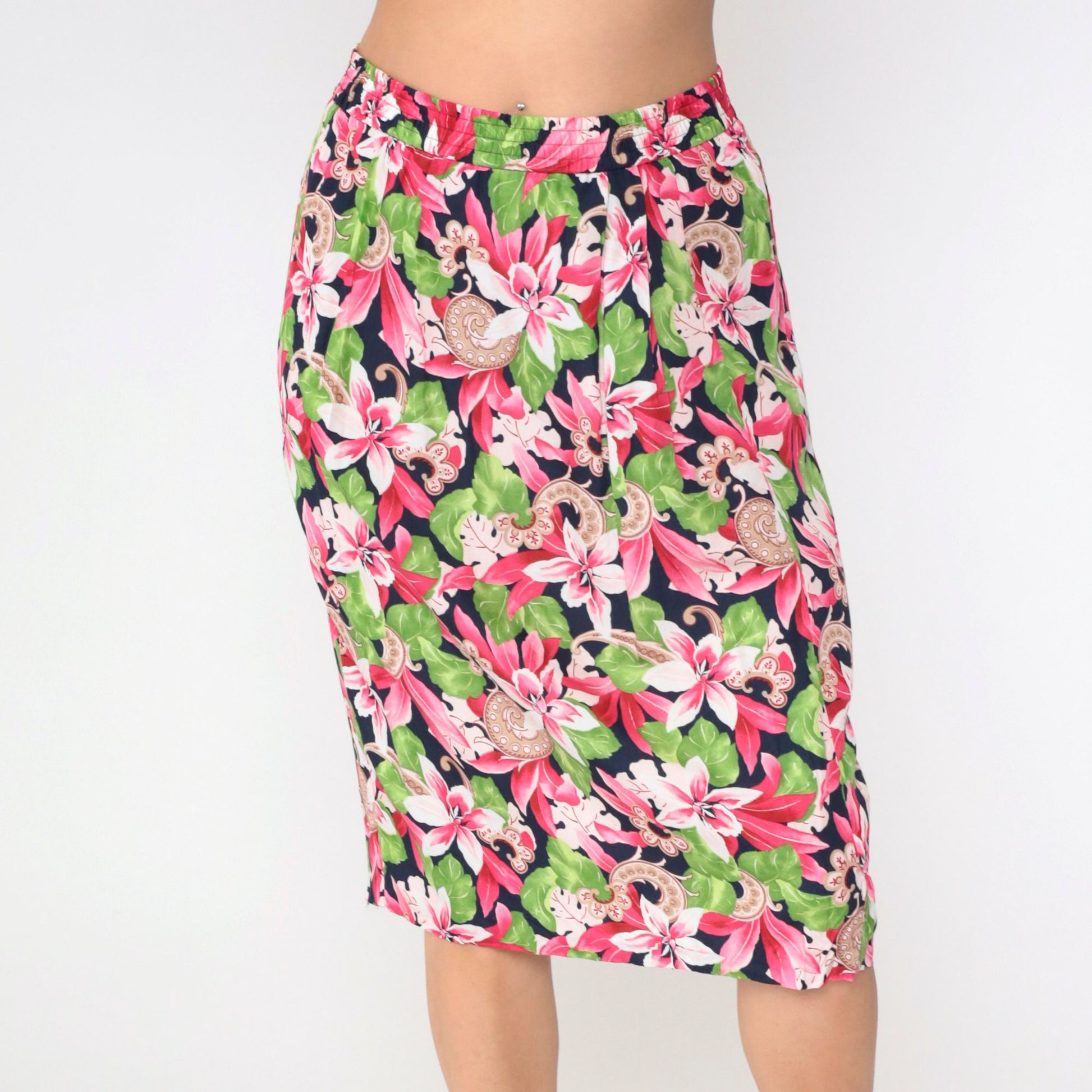 90s Evan Picone Tropical Floral Midi Skirt Navy Pleated High Waist Medium