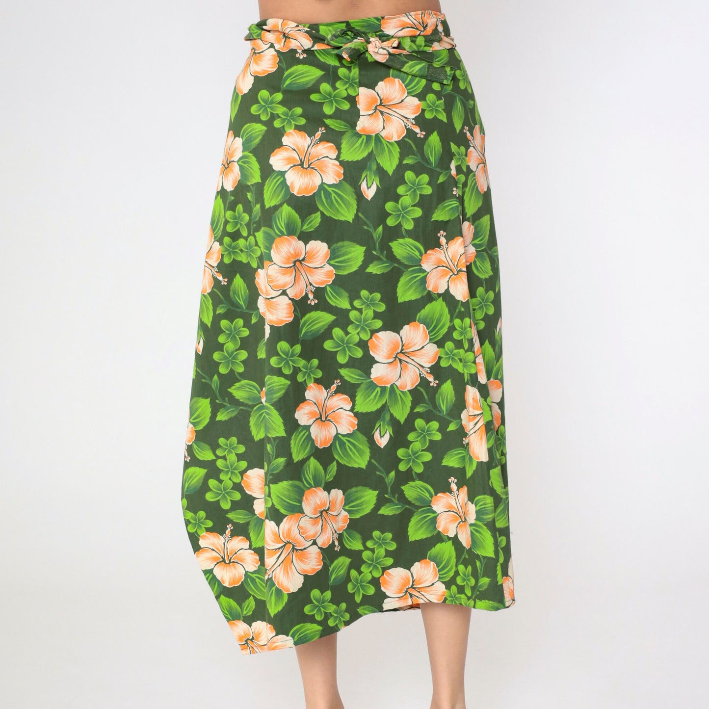 90s Hawaiian Green Floral Wrap Maxi Skirt Front Slit Sarong Small