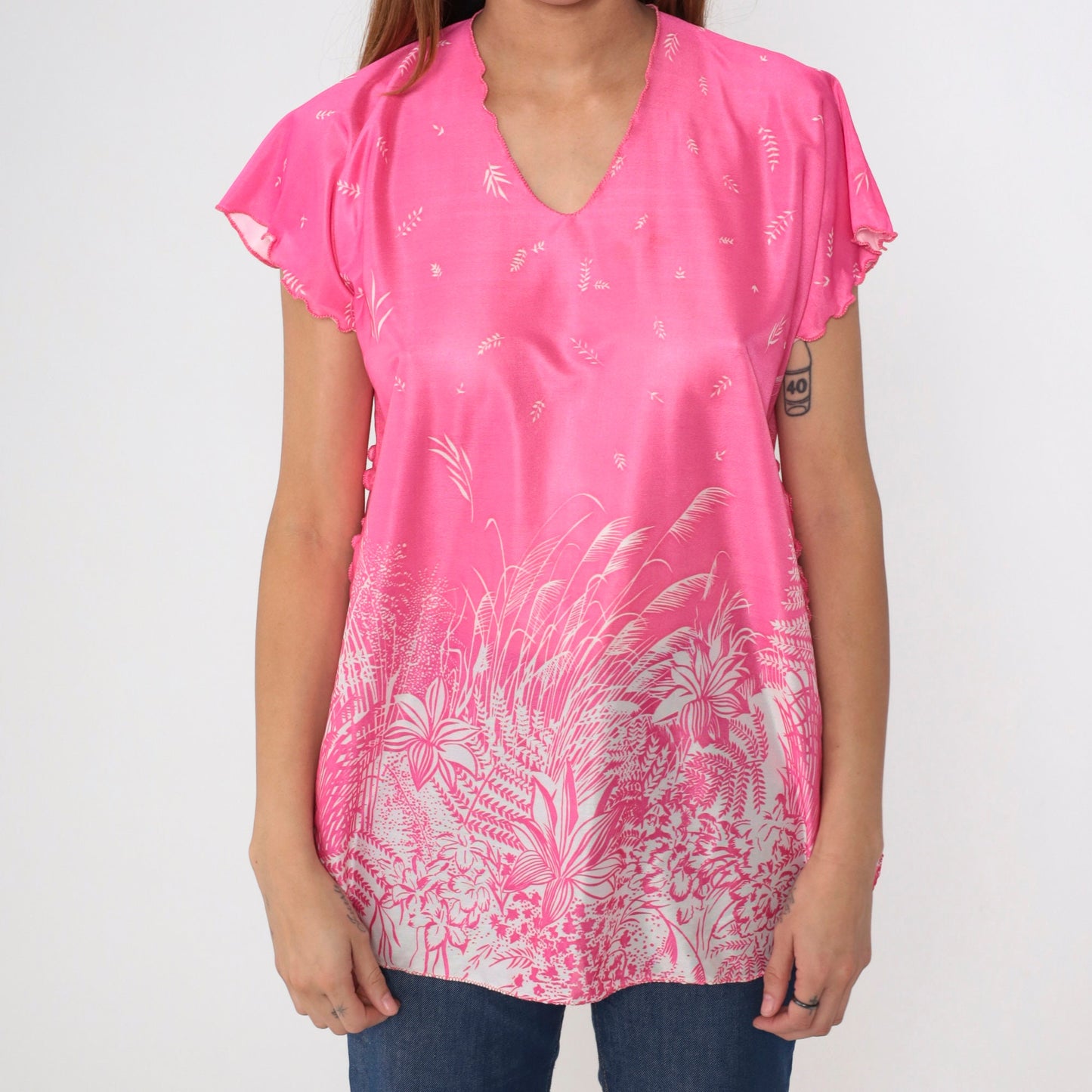 70s Pink Floral Leaf Print Blouse Flutter Sleeve V Neck Lettuce Edge Large L