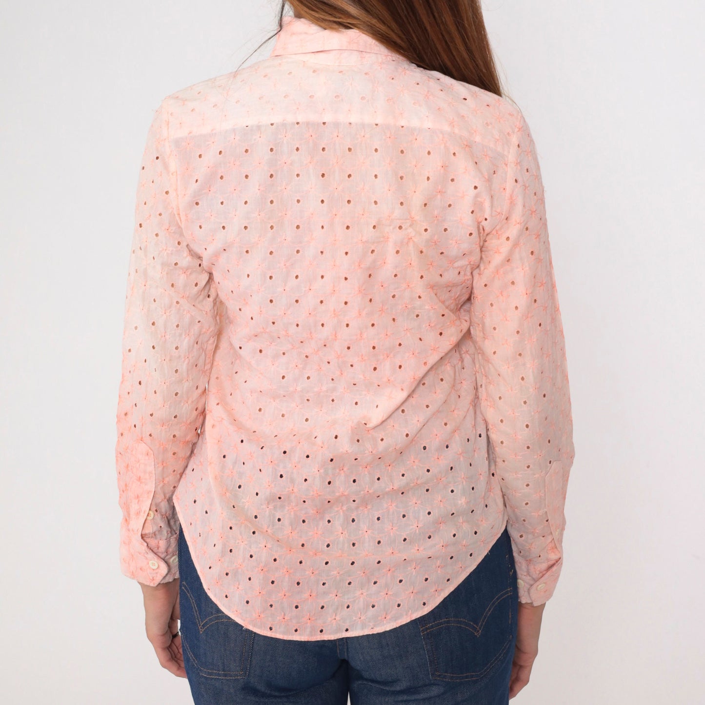 70s Baby Pink Eyelet Lace Button-Up Blouse Dagger Collar Long Sleeve Small
