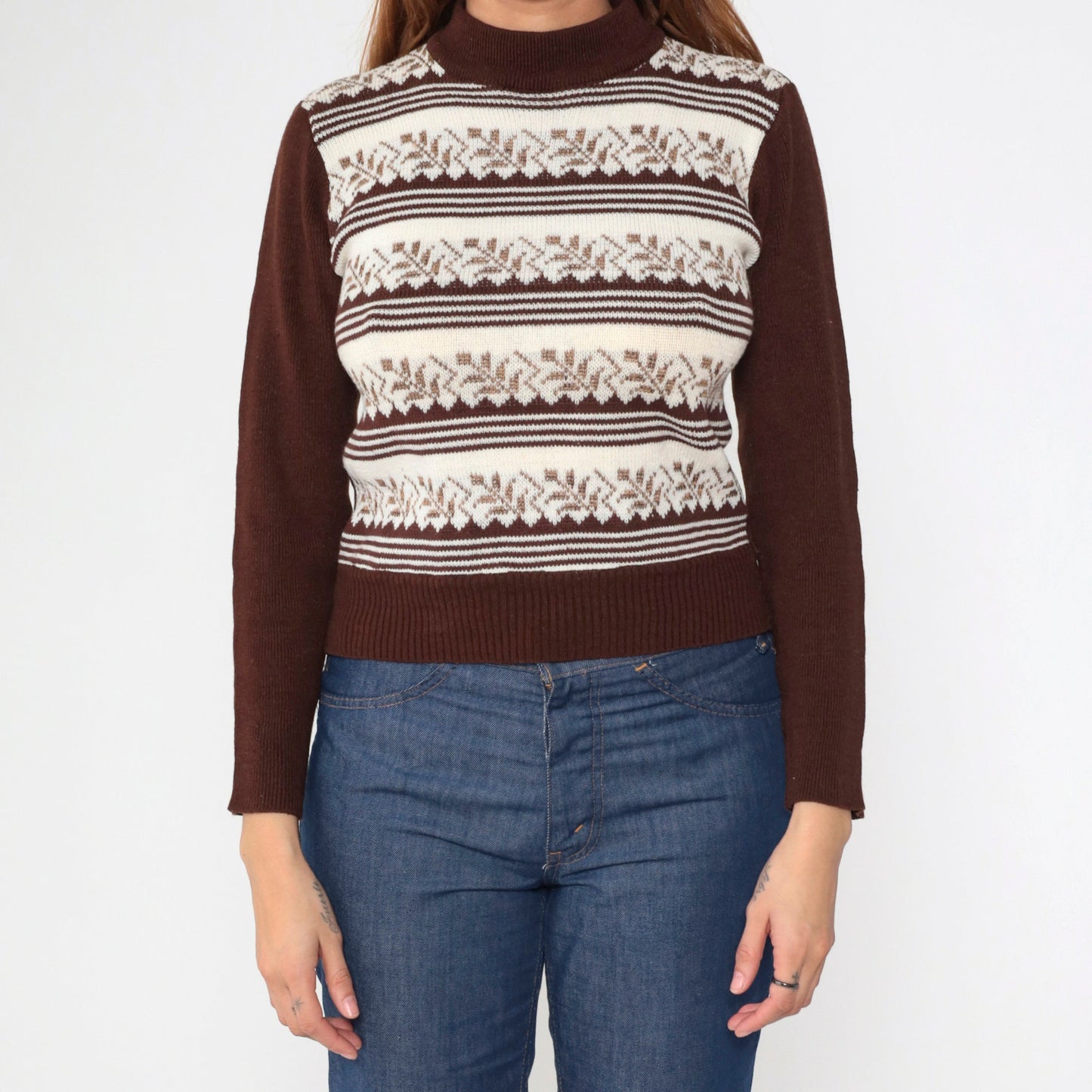 70s Leaf Print Mock Neck Sweater Brown White Striped Knit Extra Small