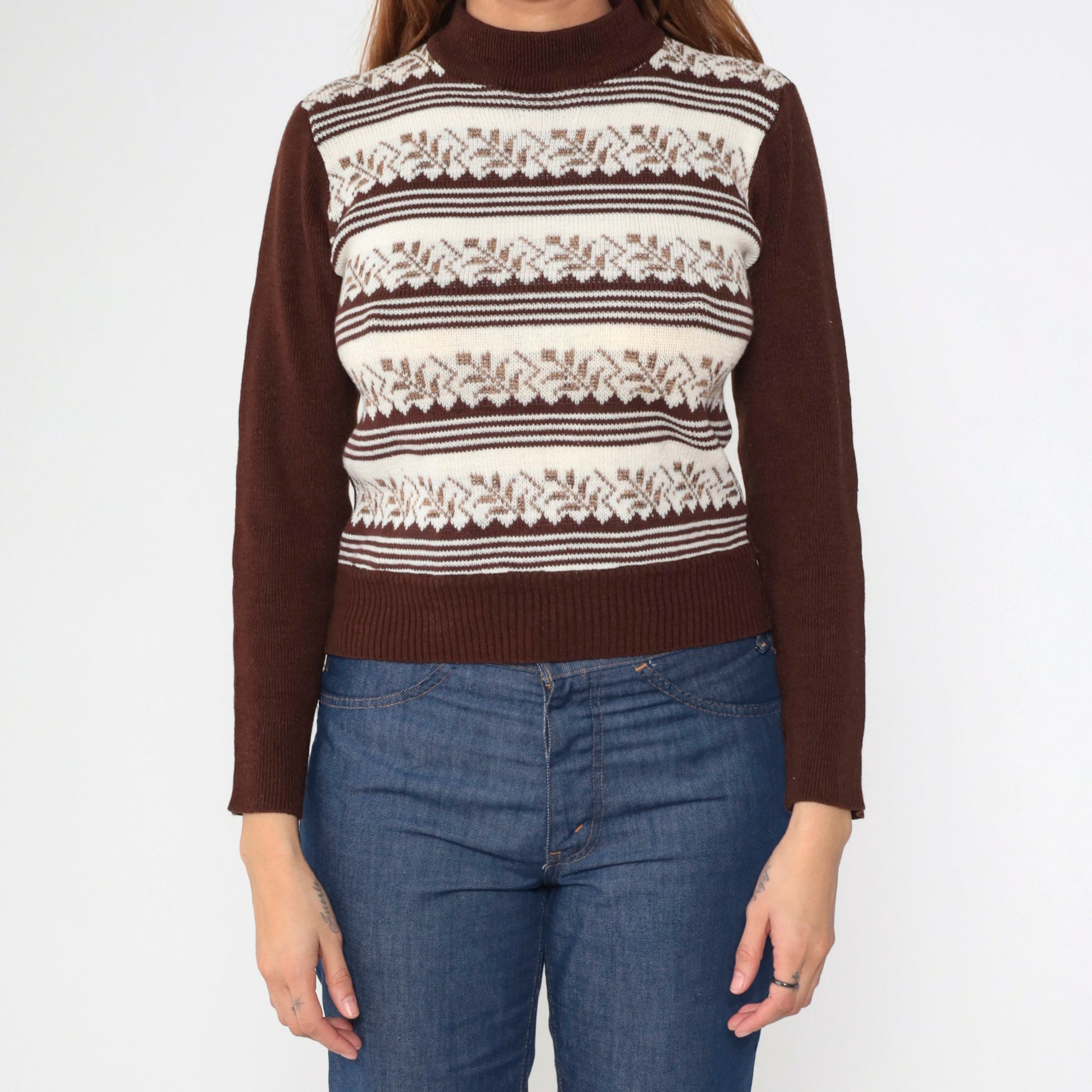 70s Leaf Print Mock Neck Sweater Brown White Striped Knit Extra Small