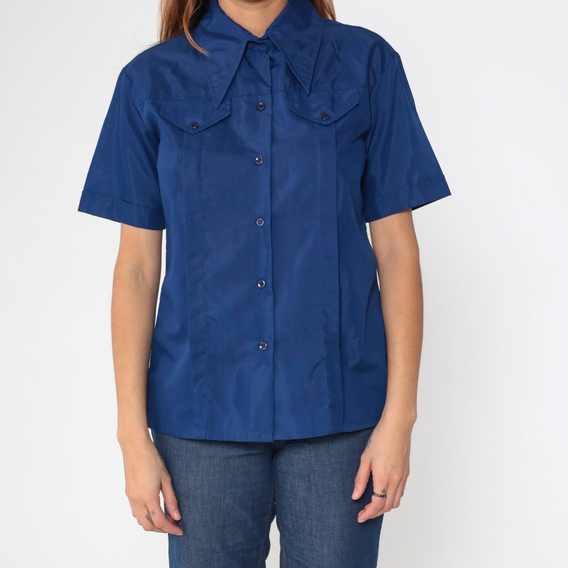 70s Navy Button-Up Shirt Pleated Dagger Collar Short Sleeve Medium