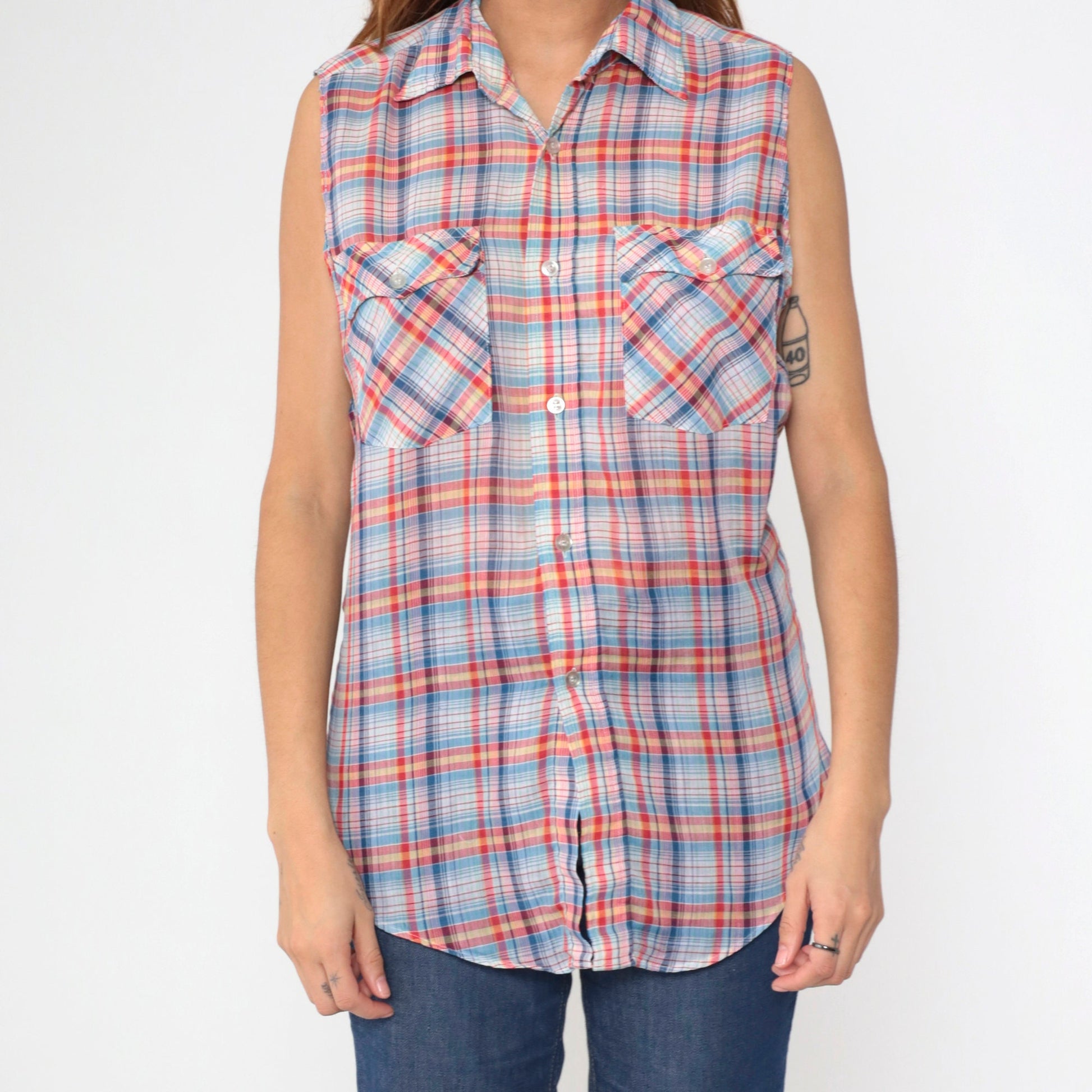 80s Plaid Sleeveless Button-Up Tank Top Red Blue Yellow White Medium Large