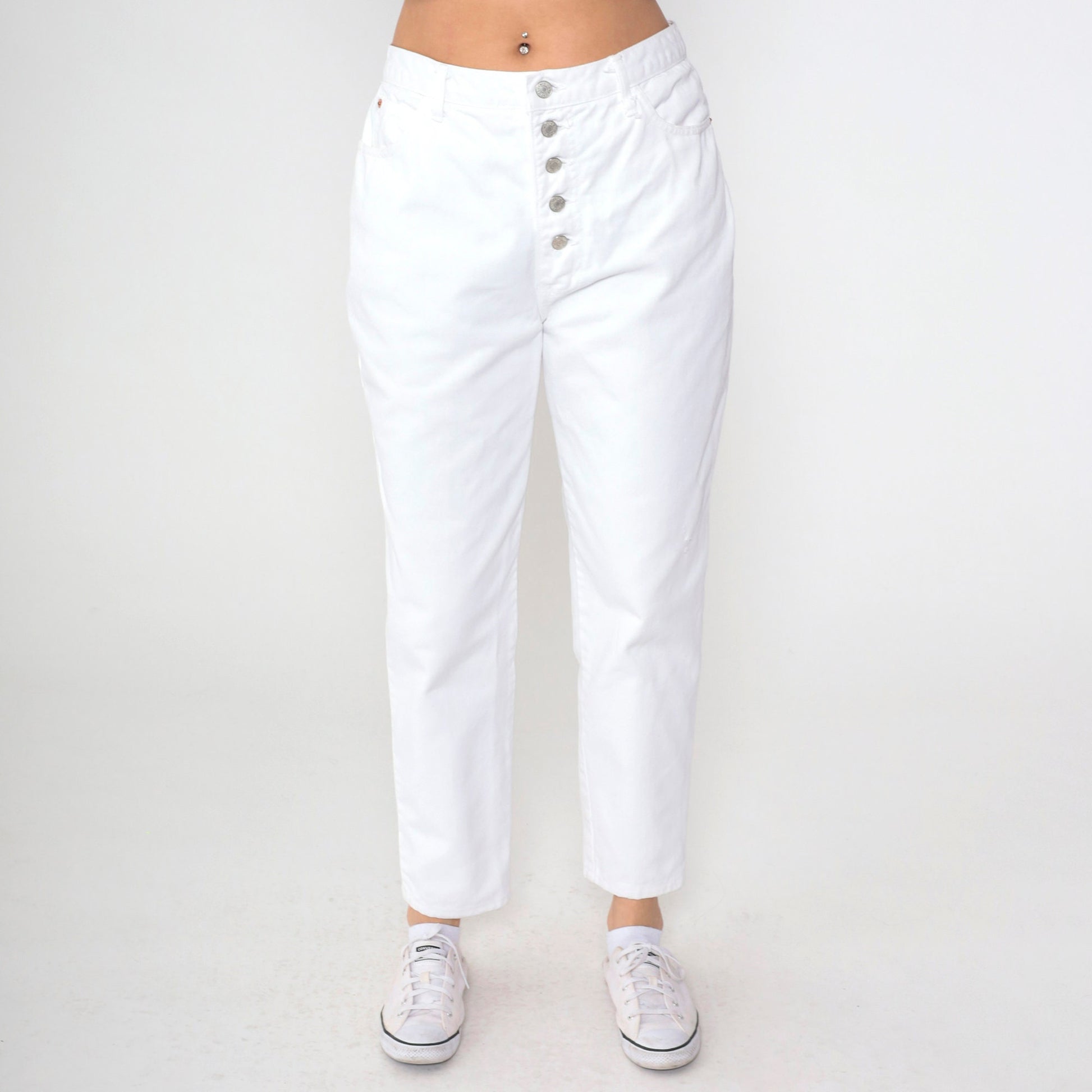 90s White High-Waisted Tapered Jeans Exposed Button Fly Cotton Denim Large