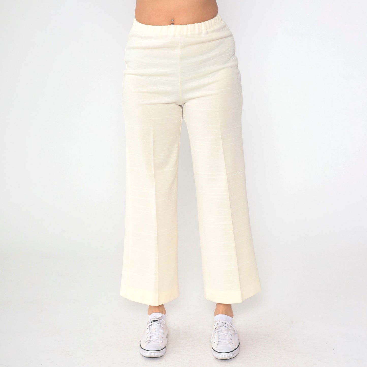 70s Cream Bell Bottom Pants High Waist Flared Leg Elastic Waist Small Medium