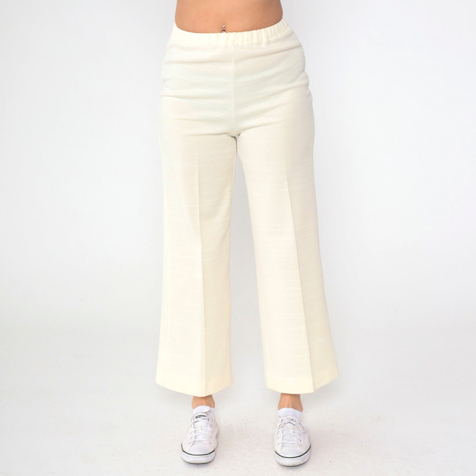 70s Cream Bell Bottom Pants High Waist Flared Leg Elastic Waist Small Medium