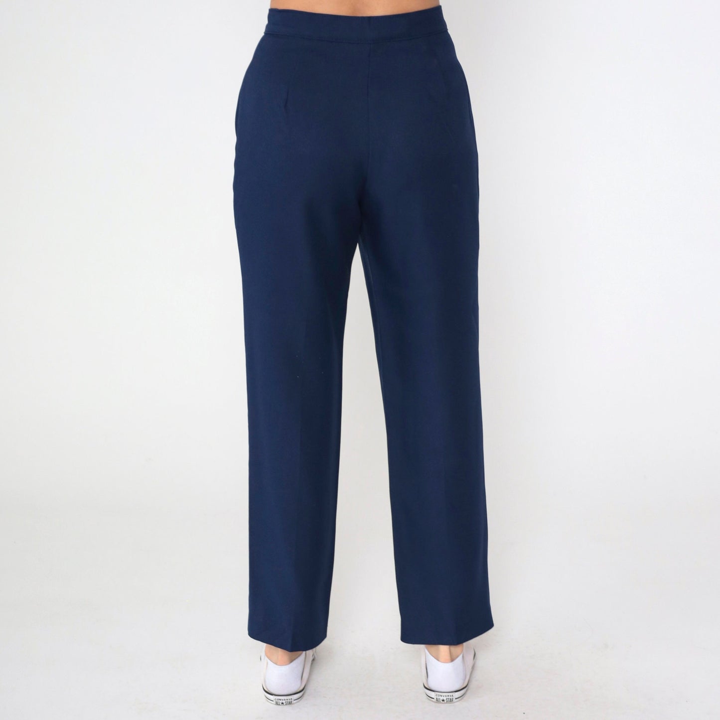 90s Navy Straight Leg High Rise Trousers Wool Blend Small 26
