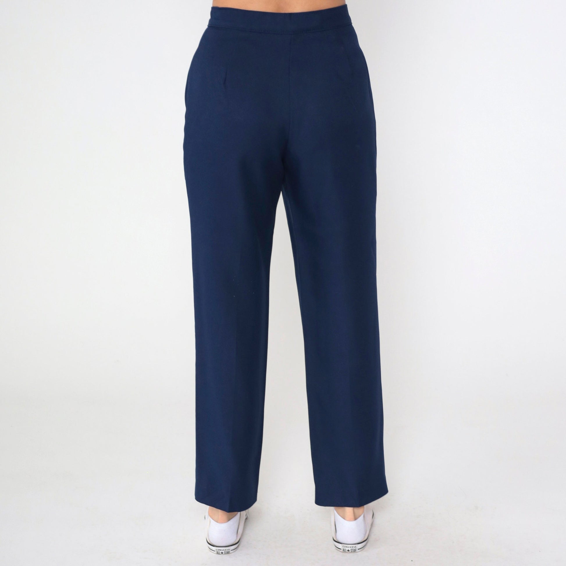 90s Navy Straight Leg High Rise Trousers Wool Blend Small 26