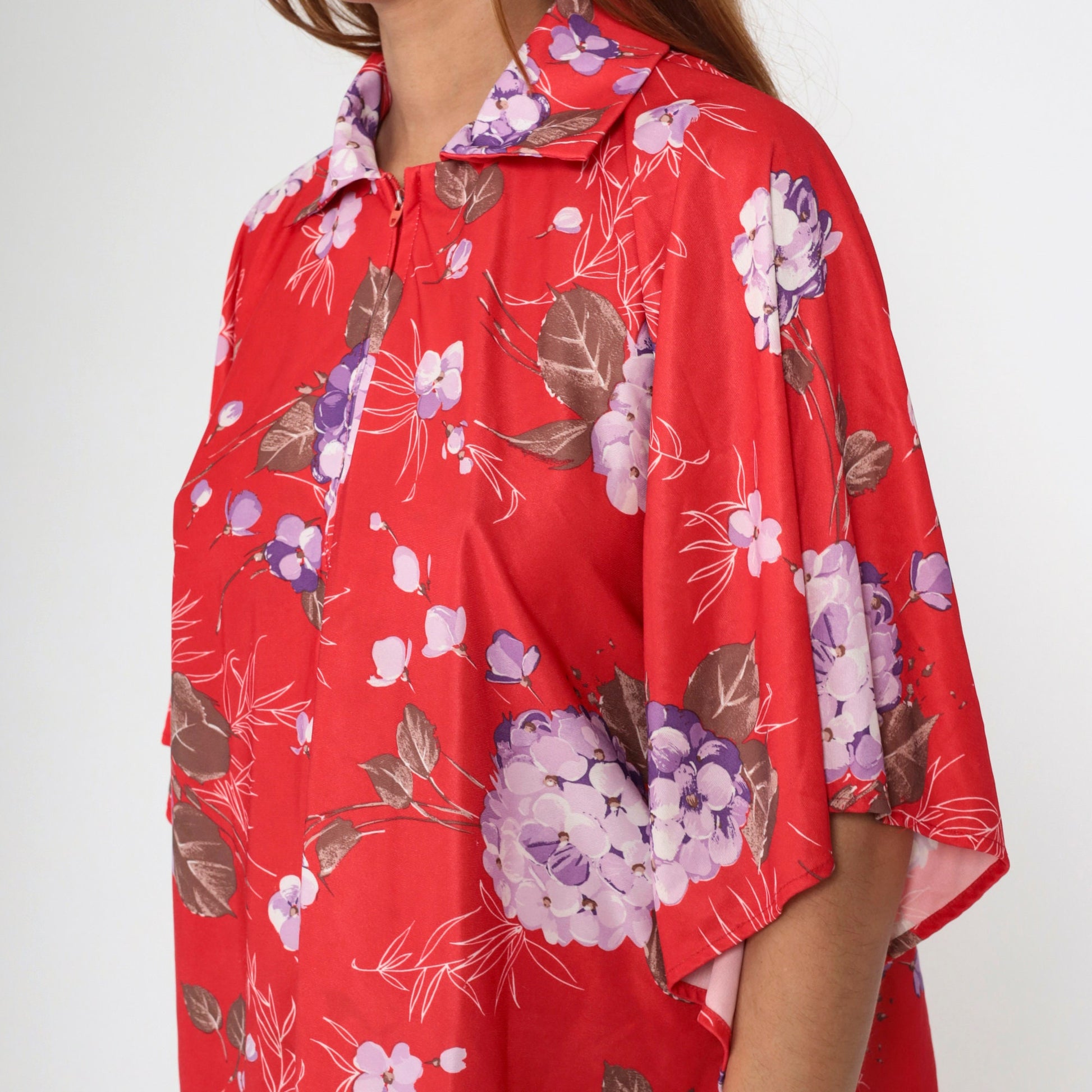 70s Jaylan of California Red Floral Zip Blouse Angel Sleeve Medium Large