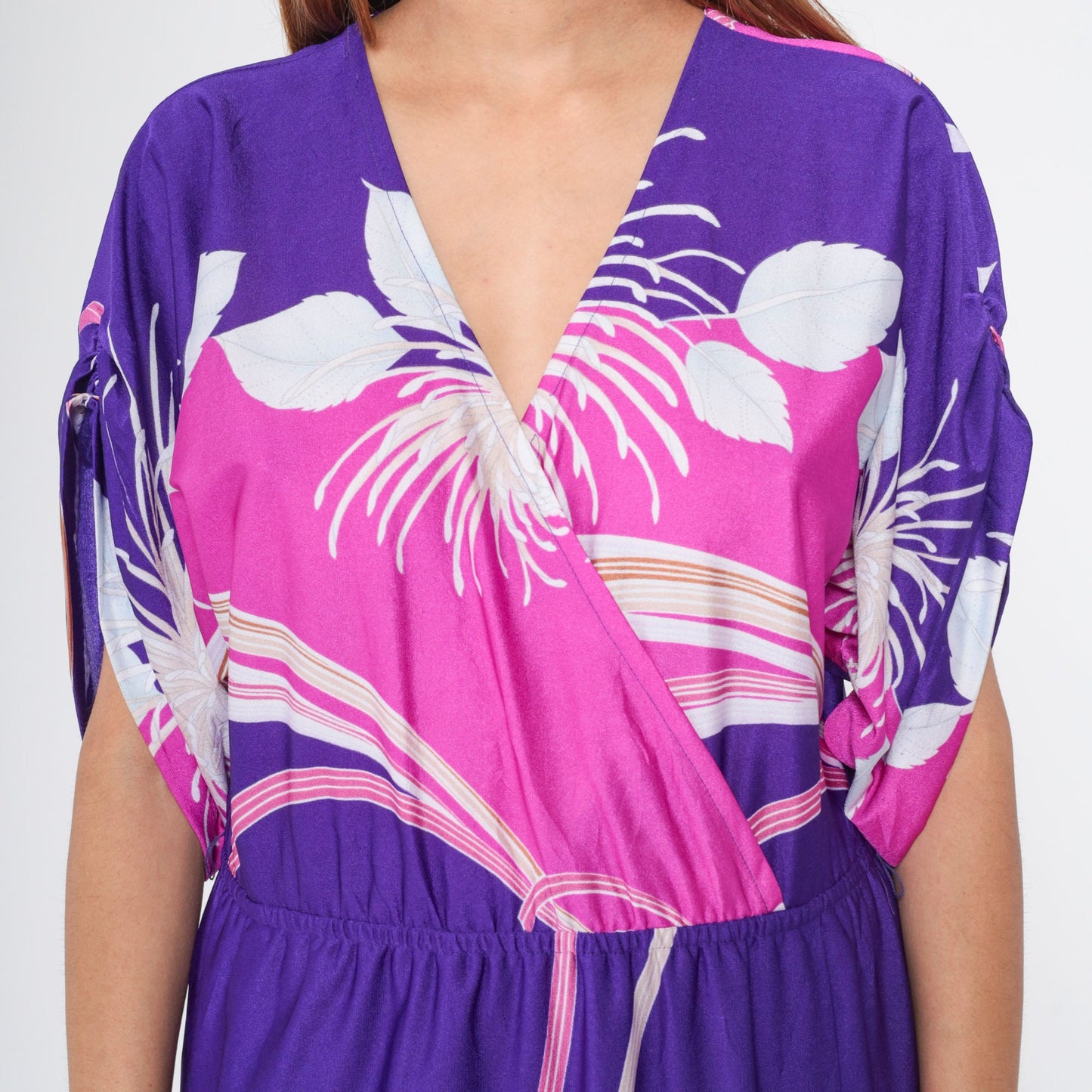 70s Purple Floral Hawaiian Maxi Dress Faux Wrap Ruched Sleeve Medium